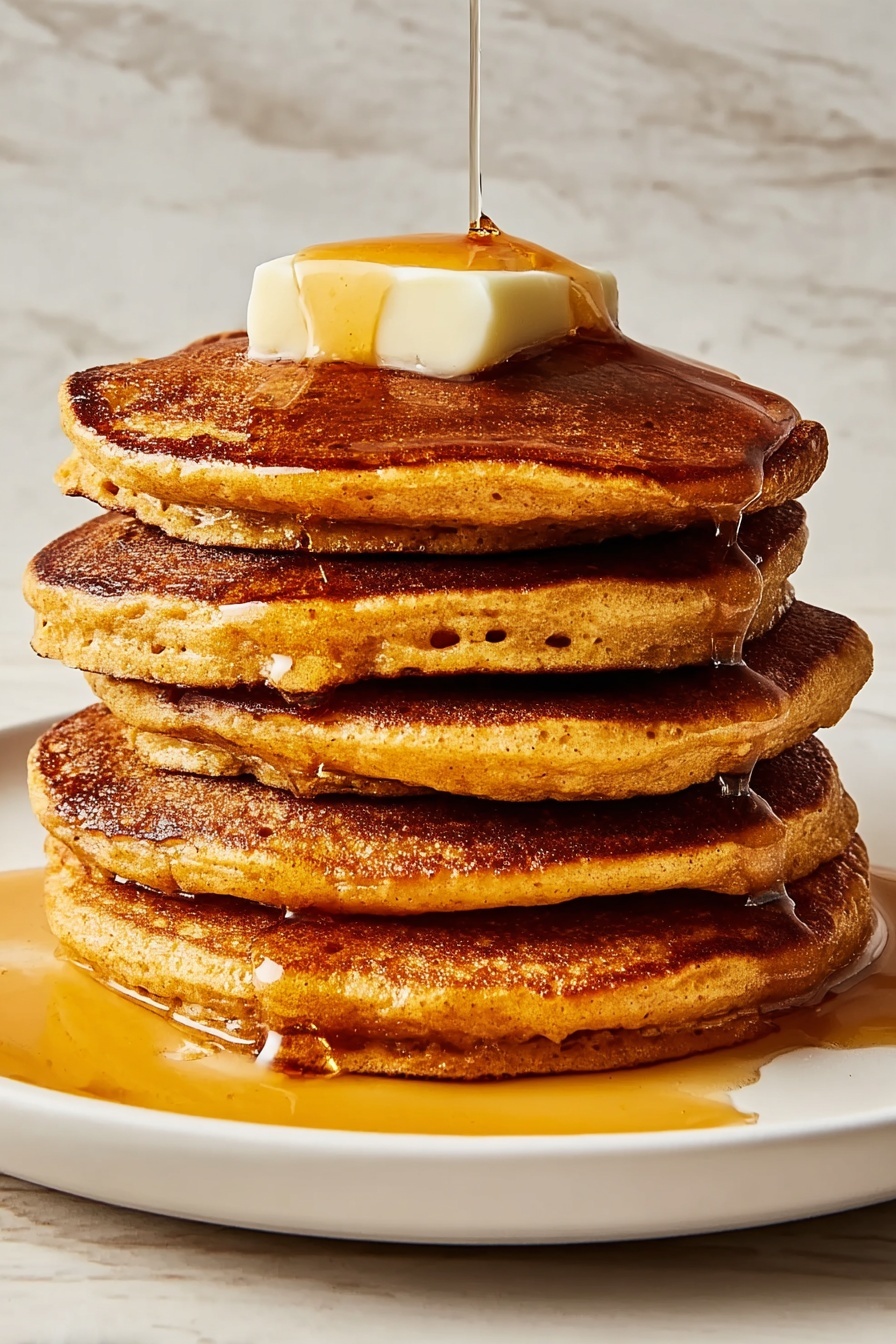 A stack of five thick, golden-brown pancakes sits in the center of a white plate. The pancakes have a slightly rough texture with small air holes visible on the edges. On top of the stack is a melting square of pale yellow butter, with amber syrup slowly dripping down over the sides of the pancakes, pooling slightly on the plate below. The plate rests on a surface with a white marbled texture. photo taken with an iphone --ar 2:3 --v 7 - Pumpkin Pancakes, pumpkin pancake recipe, fall breakfast ideas, fluffy pumpkin pancakes, cozy seasonal breakfast