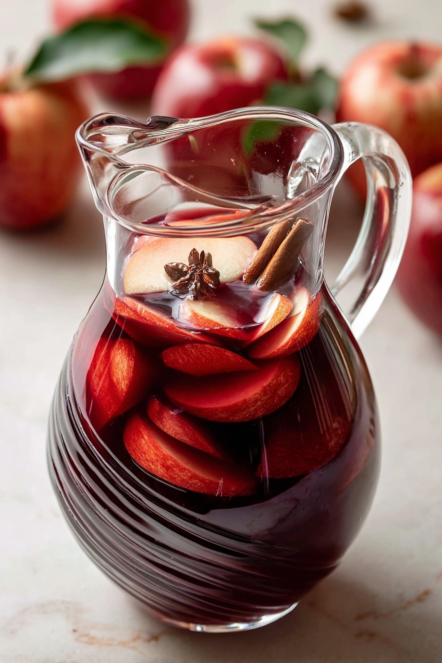 A clear glass pitcher filled with a deep red drink, with several thin slices of red apple floating on top, along with a whole cinnamon stick near the center. The pitcher has a wide, curved handle and visible swirl patterns along its top edge. The background shows a soft white marbled surface, and a few red apples with green leaves are seen blurred in the background. The lighting highlights the rich color and transparency of the liquid, emphasizing the fresh fruit and spice inside. photo taken with an iphone --ar 2:3 --v 7 - Honeycrisp Apple Red Sangria, fall fruit sangria, holiday cocktail ideas, easy sangria recipe, fruity wine punch