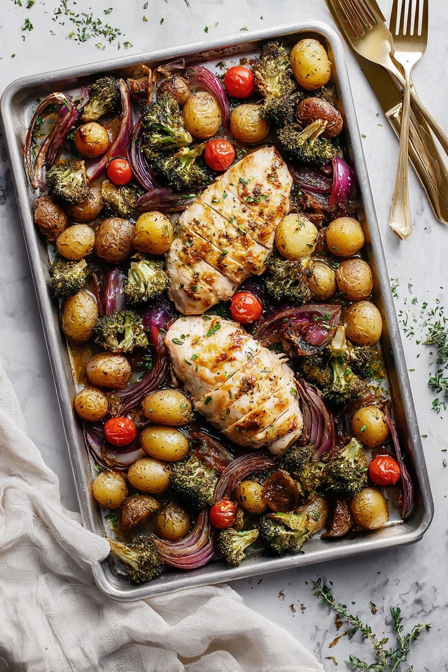 The image shows two sliced, cooked chicken breasts placed on a large white tray. The chicken is golden brown with light grill marks and sprinkled with small bits of green herbs. Surrounding the chicken are many roasted baby potatoes in different shades of brown, yellow, and purple. Scattered throughout are bright red roasted cherry tomatoes, and green broccoli florets with slightly charred tips. Thin slices of soft purple onion are mixed in with the vegetables, all resting on a white marbled surface. The colors and textures create a warm, rustic look with a balanced mix of vegetables and meat. photo taken with an iphone --ar 2:3 --v 7 - Sheet Pan Chicken and Veggies, Sheet Pan Chicken and Veggies recipe, easy roasted chicken and vegetables, healthy sheet pan dinner, one-pan chicken meal