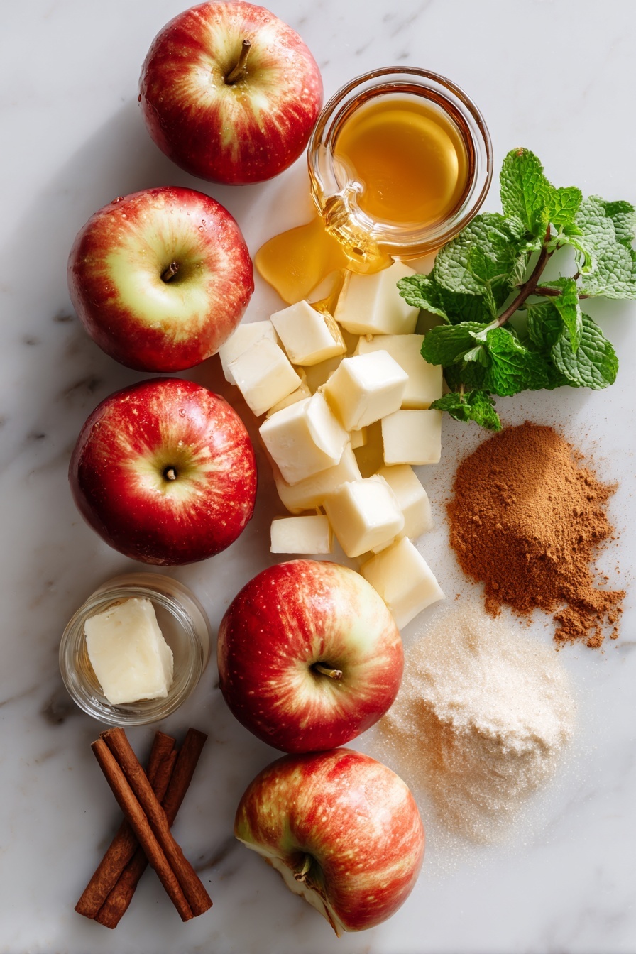 Flat lay of fresh Honey Crisp apples, some whole and some chopped into cubes, surrounded by a small pile of ground cinnamon powder, a drizzle of golden maple syrup in a delicate stream, a small pat of creamy salted butter, and a tiny glass vial of pure vanilla extract, all beautifully arranged with a few cinnamon sticks for texture and a sprig of fresh green mint for color contrast, placed on a white marble surface, photo taken with an iphone --ar 2:3 --v 7 - Easy Cinnamon Apples, cinnamon apple dessert, quick apple snack, warm cinnamon apples, apple topping recipe
