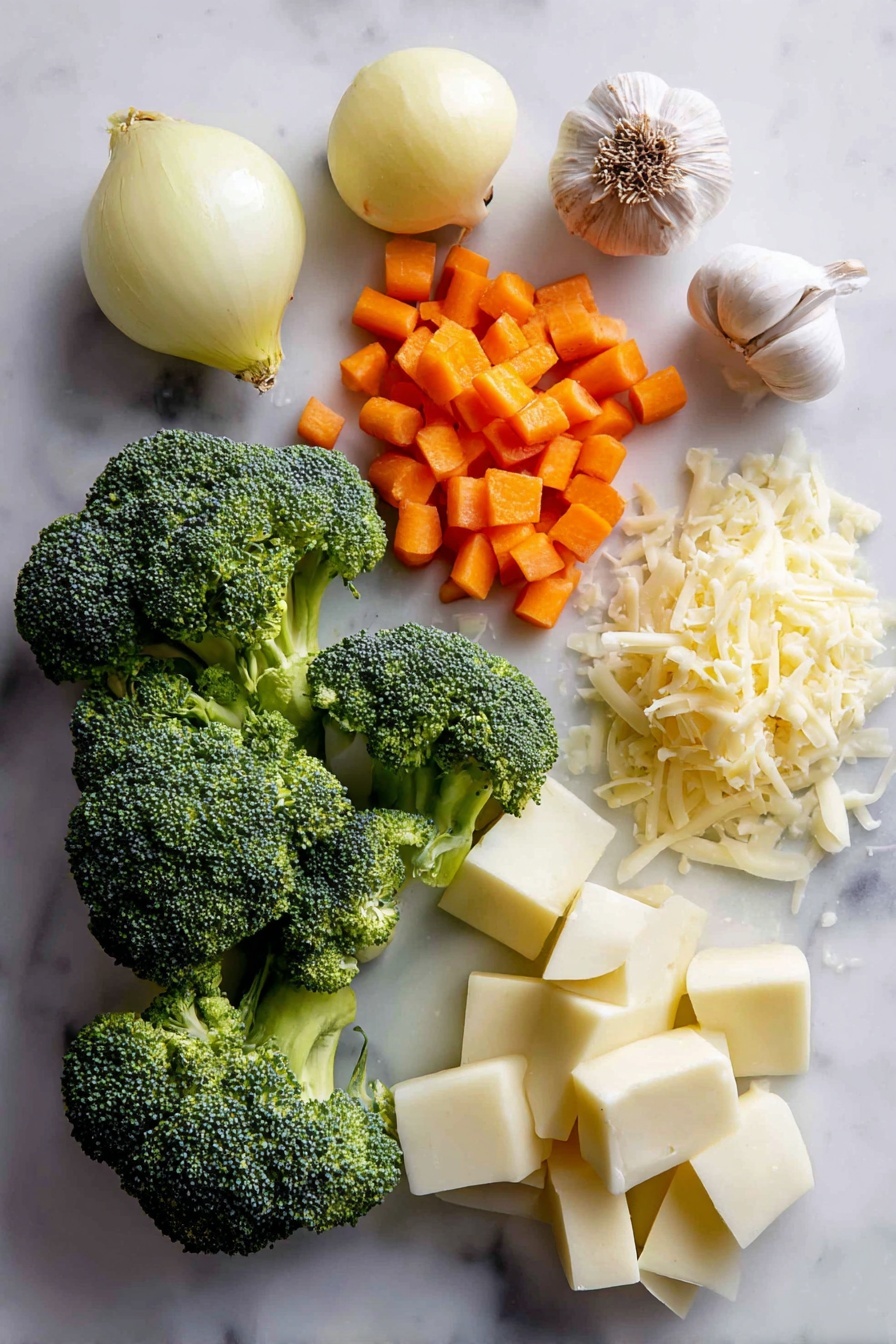 Flat lay of fresh broccoli florets with their bright green color, diced orange carrots, peeled and cubed white potatoes, a whole peeled onion with a slight shine, several cloves of fresh garlic with papery skins, a small pile of shredded sharp cheddar cheese with vibrant yellow-orange hues, and a pat of creamy butter, all beautifully arranged on a white marble surface, photo taken with an iphone --ar 2:3 --v 7 - Broccoli Potato Cheese Soup, Broccoli Potato Cheese Soup Recipe, cheesy broccoli potato soup, creamy vegetable soup, easy broccoli potato soup