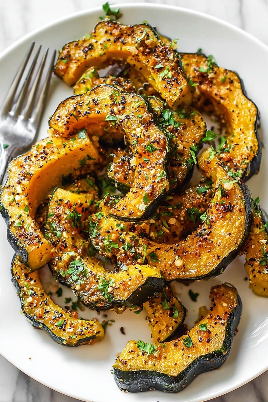 The image shows a silver baking tray on a white marbled surface with a black and white striped towel beside it. On the tray, there are ten pieces of roasted delicata squash arranged in loose rows. Each piece is crescent-shaped with caramelized, golden brown edges and a slightly crispy texture, with darker brown speckles of seasoning scattered on the surface. The inside flesh of the squash has a warm, light yellow-orange color, contrasting with the darker, slightly wrinkled skin on the outer edge. Some oil droplets and small bits of seasoning remain on the tray around the squash slices. The photo taken with an iphone --ar 2:3 --v 7 - Parmesan Herb Roasted Acorn Squash, roasted acorn squash, fall vegetable recipes, healthy side dishes, easy squash recipes