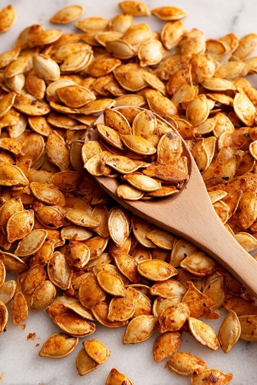A metal baking tray lined with white parchment paper is filled with many roasted pumpkin seeds scattered all over. The seeds are a mix of light golden brown and medium brown color, showing a crispy texture. A wooden spoon holding several pumpkin seeds rests near the right side of the tray. The tray is placed on a white marbled surface, with a blue cloth partially visible in the lower-left corner. Photo taken with an iphone --ar 2:3 --v 7 - Roasted Pumpkin Seeds with Olive Oil, Sea Salt, and Chili Powder, flavorful roasted pumpkin seeds, spicy snack recipe, easy pumpkin seed snack, healthy roasted pumpkin seeds