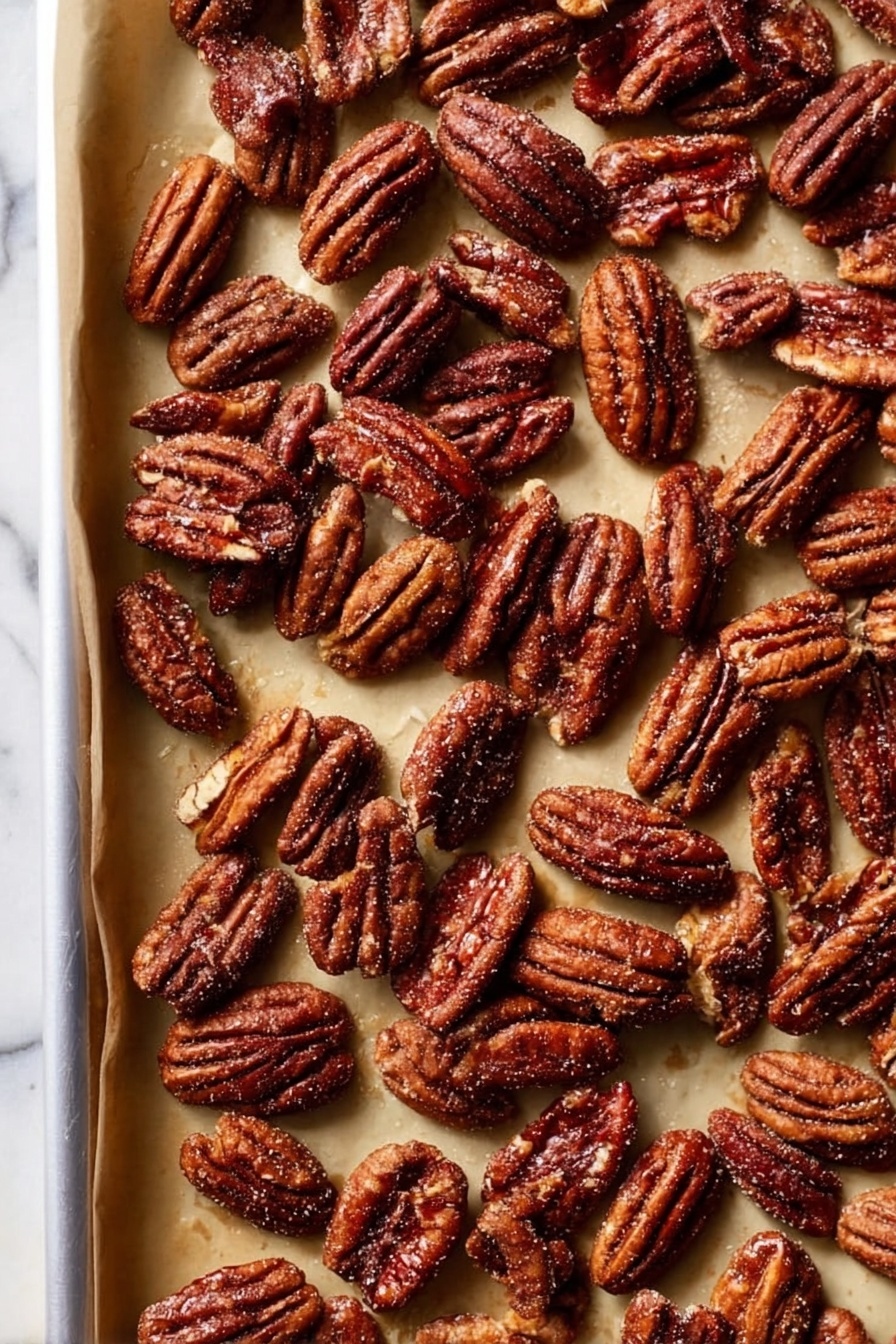 A close-up view of many roasted pecans spread evenly on a white baking tray lined with light brown parchment paper. The pecans are deep brown with a rough, glazed texture, showing small sugar crystals on their surface, and they vary slightly in size and shape. The background under the tray is a white marbled surface. photo taken with an iphone --ar 2:3 --v 7 - Crispy Candied Pecans, candied pecans recipe, sweet crunchy pecans, homemade candied pecans, easy pecan snack