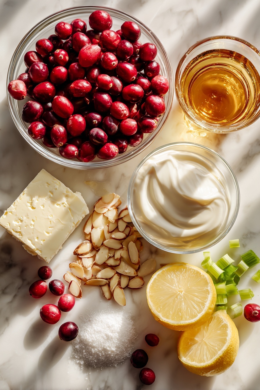 Flat lay of fresh bright red cranberries, a wedge of creamy soft cream cheese, a small pile of sparkling granulated sugar, thinly sliced vibrant green scallions, a scattering of golden sliced almonds, a lemon with a few pieces of finely grated lemon zest, a small splash of clear amber brandy in a glass drop, and a swirl of thick white heavy cream, all beautifully arranged with careful spacing and natural light highlighting their textures, placed on a white marble surface, photo taken with an iphone --ar 2:3 --v 7 - Cranberry Cream Cheese Spread with Almonds and Scallions, festive cranberry cheese spread, quick holiday appetizer, creamy cranberry dip, easy savory spread
