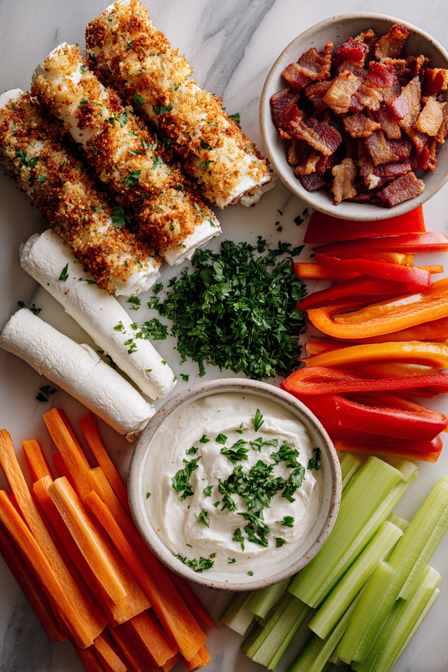 Flat lay of creamy white goat cheese logs, a small bowl of smooth sour cream, crispy golden pancetta cubes, toasted light brown panko breadcrumbs, fresh bright green chopped parsley, and colorful assorted raw vegetables like orange carrot sticks, red bell pepper slices, and green celery sticks, all beautifully arranged and separated on a white marble surface, photo taken with an iphone --ar 2:3 --v 7 - Whipped Goat Cheese with Crispy Pancetta and Panko Toast, easy appetizer recipes, sophisticated party starters, creamy goat cheese dishes, crispy pancetta recipes