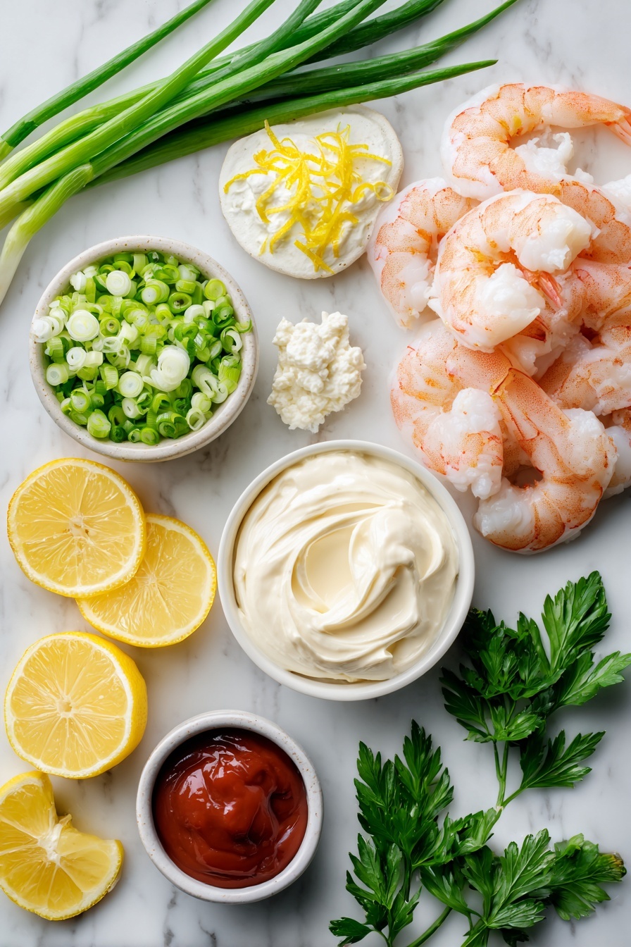 Flat lay of plump cooked shrimp, fresh green onions sliced thin, bright lemon zest and wedges of fresh lemon, vibrant chopped parsley, creamy softened cream cheese dollops, smooth mayonnaise swirl, and a small pool of rich red cocktail sauce, all beautifully arranged with scattered parsley leaves and lemon slices for color contrast, placed on a white marble surface, photo taken with an iphone --ar 2:3 --v 7 - Creamy Shrimp Dip Lemon Green Onions, Shrimp Dip with Lemon and Green Onions, Easy Shrimp Appetizer, Quick Seafood Dip, Party Dip with Shrimp and Lemon