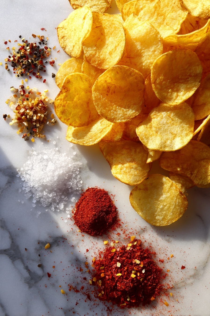 Flat lay of golden kettle-cooked potato chips, bright red paprika powder, coarse black peppercorns, granules of garlic salt, and vibrant red cayenne pepper flakes, all beautifully arranged in small piles and scattered lightly, placed on a white marble surface, photo taken with an iphone --ar 2:3 --v 7 - Spiced-Up Potato Chips, flavorful potato chips, spicy snack idea, homemade potato chips, easy chip seasoning