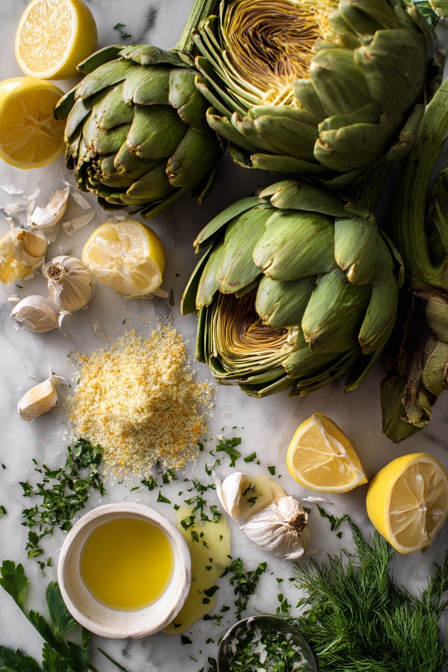 Flat lay of fresh whole artichokes with their green layered leaves gently opened, bright yellow lemon halves and zested peel, scattered fragrant garlic cloves, small anchovy filets glistening with olive oil, a pile of golden Italian seasoned breadcrumbs mixed with finely grated parmesan cheese, vibrant chopped Italian parsley sprinkled around, and a small pool of melted butter, all beautifully arranged on a white marble surface, photo taken with an iphone --ar 2:3 --v 7 - Stuffed Artichokes, stuffed artichoke recipe, baked artichokes, garlic breadcrumb stuffing, elegant vegetable dishes