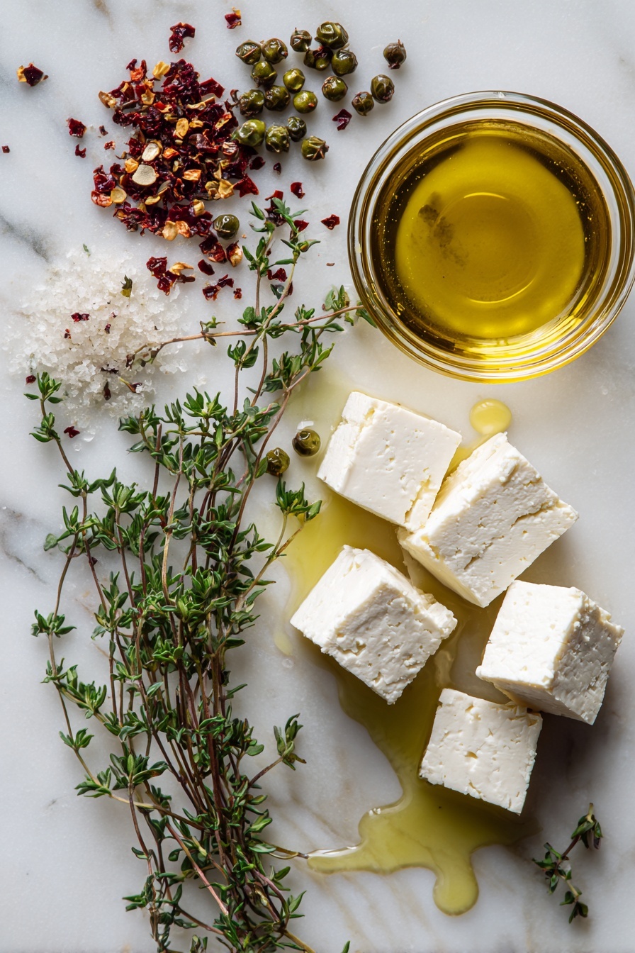Flat lay of a block of feta cheese cut into cubes, fresh green peppercorns glistening in brine, vibrant sprigs of thyme with tiny green leaves, crushed red pepper flakes scattered delicately, a small pile of white wine vinegar drops shimmering, and a small pool of golden extra-virgin olive oil, all beautifully arranged in a natural, colorful composition, placed on a white marble surface, photo taken with an iphone --ar 2:3 --v 7 - Green Peppercorn-Marinated Feta, feta cheese appetizer, marinated feta recipe, easy cheese appetizer, flavorful feta marinade