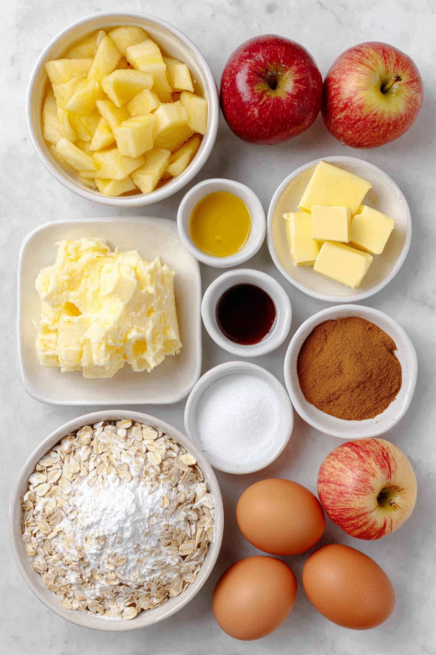 Flat lay of peeled and chopped large apples in a simple white ceramic bowl, a small white bowl of all-purpose flour, a small white bowl of brown sugar, a small white bowl with fresh lemon juice, a small white bowl with vanilla extract, a small white bowl of ground cinnamon, a small white bowl of ground nutmeg, a small white bowl of sea salt, whole rolled oats in a simple white ceramic bowl, cold unsalted butter cut into small cubes on a white ceramic plate, and two whole uncracked brown eggs arranged in perfect symmetry placed on a clean white marble surface, soft natural light, photo taken with an iPhone, professional food photography style, fresh ingredients, white ceramic bowls, no bottles, no duplicates, no utensils, no packaging --ar 2:3 --v 7 --p awthu7i m7354615311229779997 - Easy Apple Crisp, apple crisp, apple crumble dessert, simple apple dessert, cinnamon apple dessert