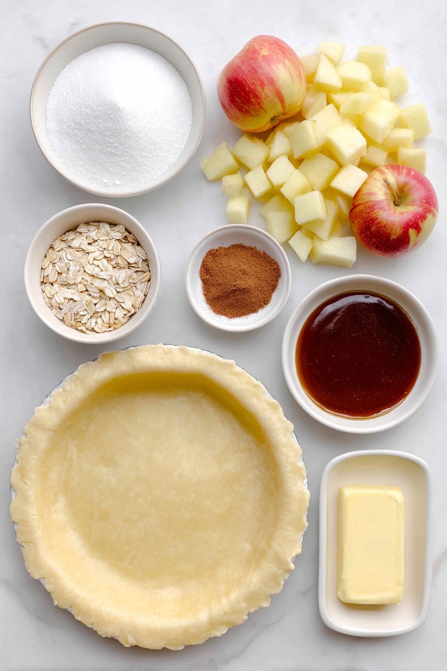 Flat lay of a small white ceramic plate with a perfectly round homemade pie crust, a handful of peeled and diced Gala, Fuji, Braeburn, and Empire apples showing fresh white flesh and warm red and yellow skins, a small white bowl filled with white granulated sugar, another small white bowl holding light brown all-purpose flour, a small white bowl containing packed brown sugar with a rich molasses color, a small white bowl of old-fashioned rolled oats, a small white bowl with ground cinnamon of a reddish-brown fine powder, a small white bowl with a quarter cup of softened salted butter showing creamy texture, and a small white bowl with glossy caramel topping, all arranged symmetrically and balanced on a clean white marble surface, soft natural light, photo taken with an iPhone, professional food photography style, fresh ingredients, white ceramic bowls, no bottles, no duplicates, no utensils, no packaging --ar 2:3 --v 7 --p awthu7i m7354615311229779997 - Apple Crisp Pizza, Apple Crisp Pizza Recipe, Easy Apple Dessert Pizza, Fall Fruit Pizza, Homemade Apple Pizza