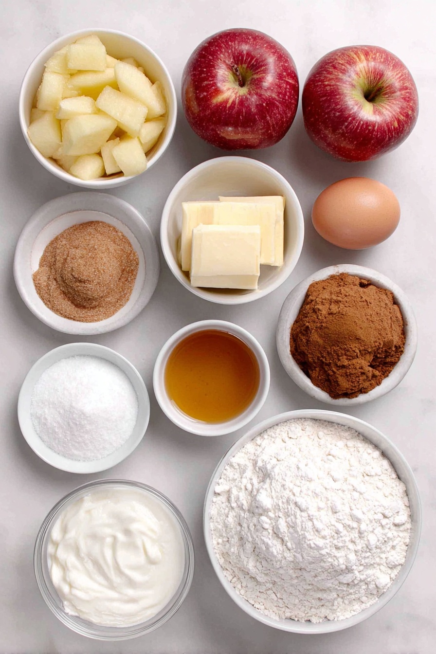 Flat lay of fresh peeled and chopped medium baking apples, a small mound of light brown sugar, a small white bowl of ground cinnamon powder, a small white bowl of ground ginger powder, a single large uncracked egg with a clean shell, a small mound of white granulated sugar, a small white bowl of vegetable oil, a small white bowl of full-fat sour cream, a small white bowl of vanilla extract, a small mound of all-purpose flour, a small white bowl of baking soda powder, a small white bowl of kosher salt, a small white bowl of sifted powdered sugar, a small white bowl of milk placed on a clean white marble surface, soft natural light, photo taken with an iPhone, professional food photography style, fresh ingredients, white ceramic bowls, no bottles, no duplicates, no utensils, no packaging --ar 2:3 --v 7 --p awthu7i m7354615311229779997 - Amish Apple Fritter Bread, apple fritter bread recipe, cinnamon apple quick bread, easy apple bread with glaze, moist apple cinnamon bread