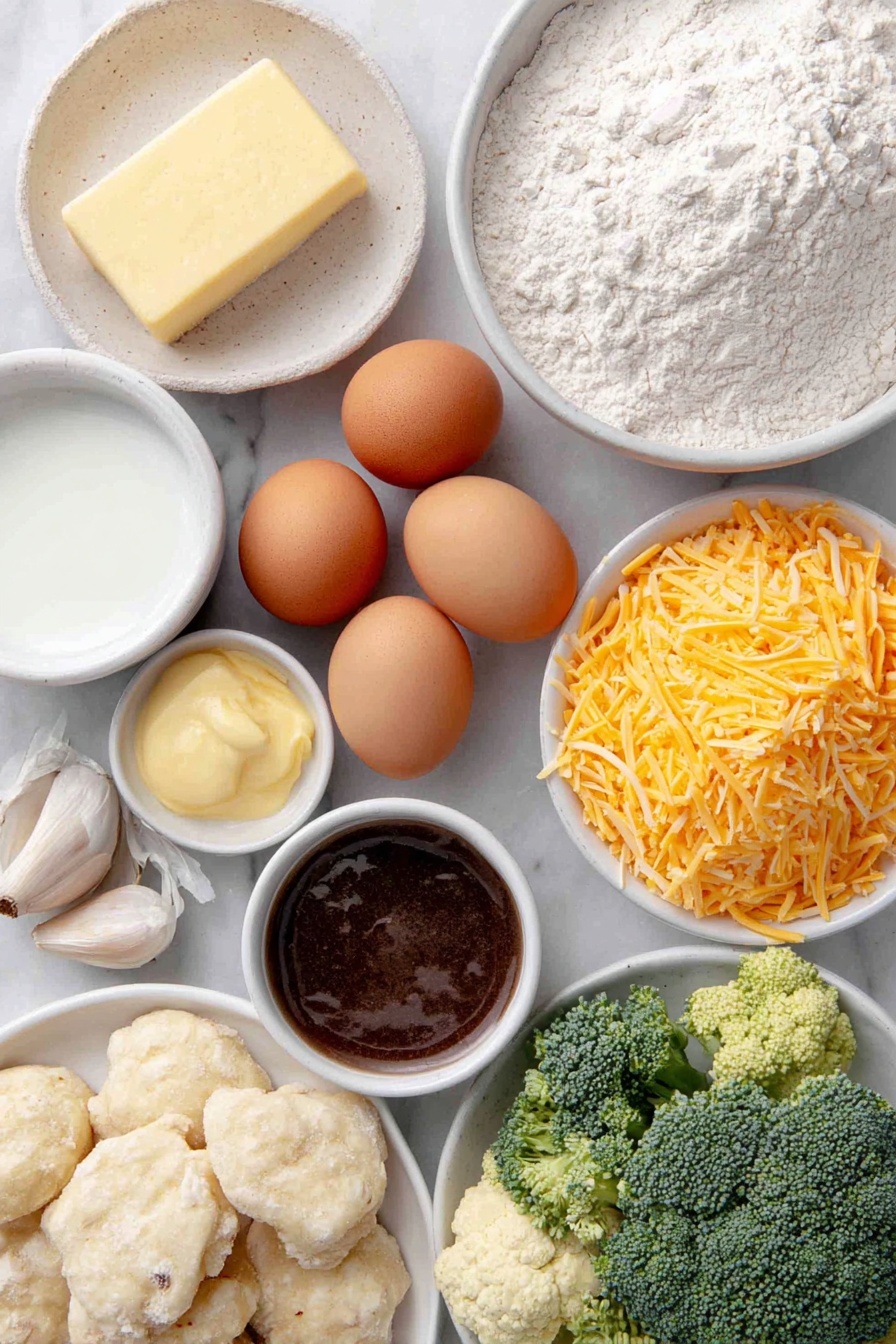 Flat lay of a small pat of creamy yellow butter, one small white onion halved to show fresh layers, two whole uncracked brown eggs, two cloves of fresh garlic with papery skin, a small white ceramic bowl filled with fine white all-purpose flour, a small white bowl of smooth whole milk, a small white bowl of pale heavy cream, a small white bowl containing golden chicken broth, a small white bowl with smooth Dijon mustard, a small white bowl holding dark Worcestershire sauce, a large bright orange shredded carrot mound, a neat pile of fresh green broccoli florets, a cluster of pillowy potato gnocchi, and a pile of freshly shredded sharp orange cheddar cheese, all arranged symmetrically on a clean white marble surface, soft natural light, photo taken with an iPhone, professional food photography style, fresh ingredients, white ceramic bowls, no bottles, no duplicates, no utensils, no packaging --ar 2:3 --v 7 --p awthu7i m7354615311229779997 - Broccoli Cheddar Gnocchi Soup, cheesy broccoli gnocchi soup, hearty vegetable gnocchi soup, creamy broccoli cheddar soup, easy gnocchi soup recipe