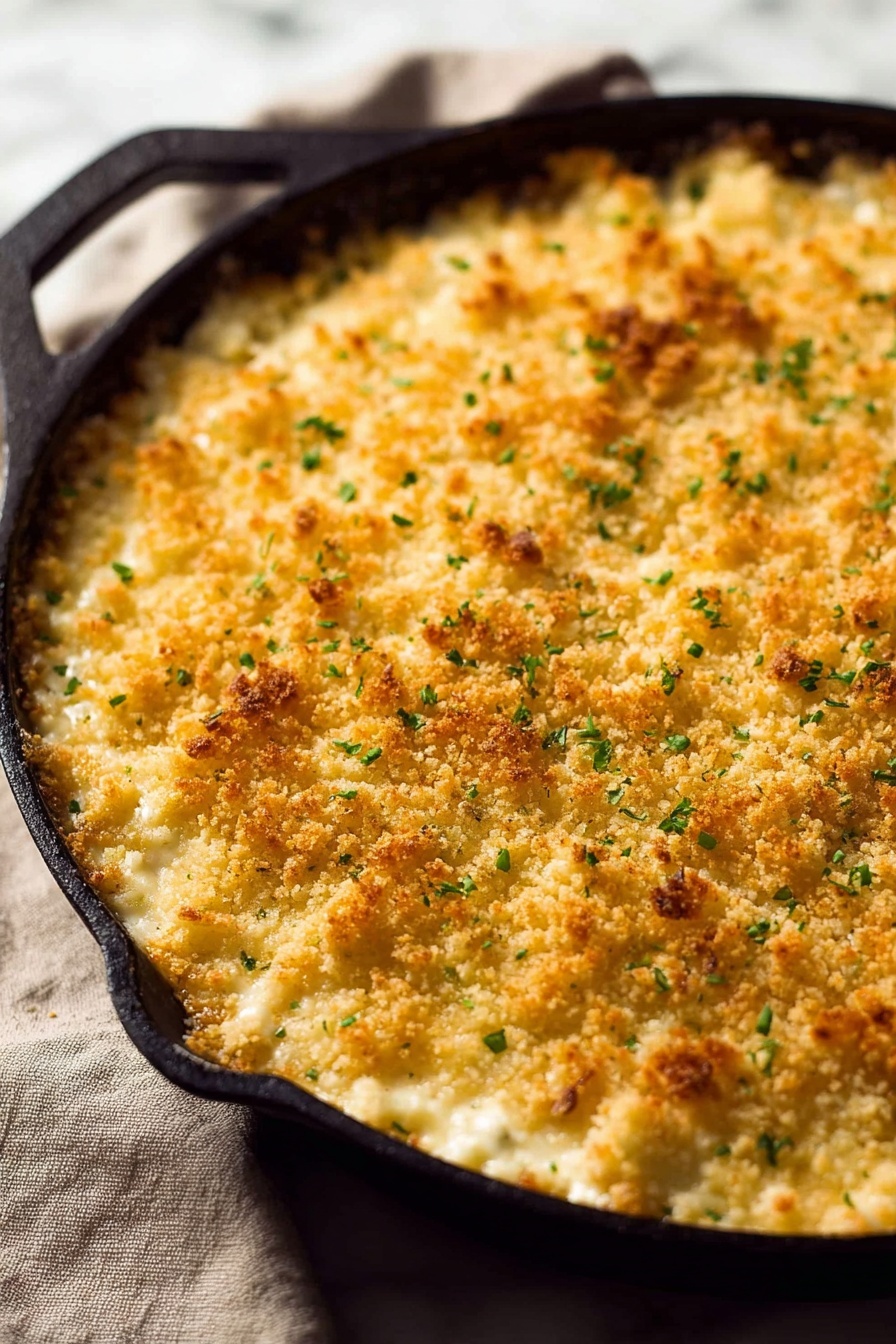 The image shows a close-up of a slice of baked macaroni and cheese being lifted, with long strings of melted white cheese stretching down from the main dish. The macaroni is covered with a thick layer of creamy, white cheese sauce visible inside, topped with a golden-brown crumbly layer with a slightly crispy texture and small green herb bits scattered on top. The background is a white marbled texture, and the dish rests in a white container. The focus is on the gooey cheese stretching and the crunchy topping on the macaroni. photo taken with an iphone --ar 2:3 --v 7 - Baked Mac and Cheese, cheesy baked pasta, creamy baked macaroni, golden crust mac and cheese, comfort food recipes