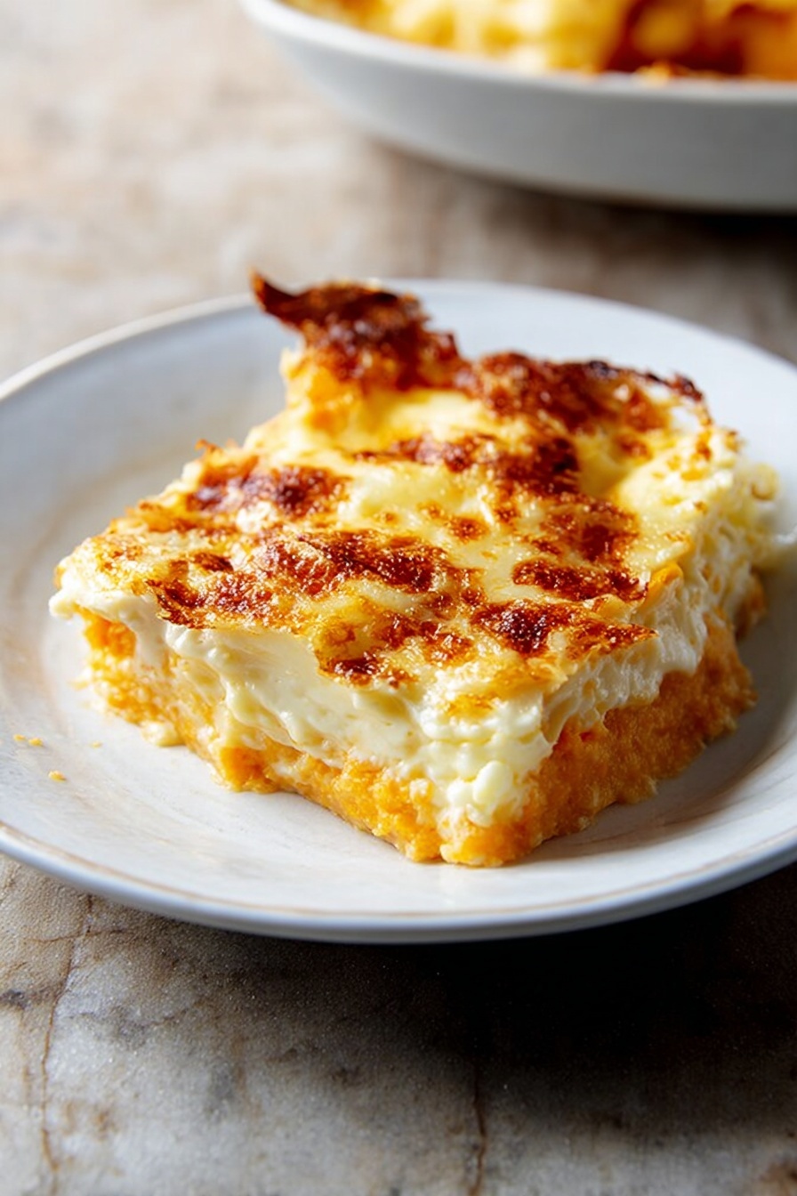 A white plate holds a single slice of layered cheesy casserole. The bottom layer is a soft, orange mashed base with a slightly rough texture. Above it is a creamy white layer topped with melted cheese that has browned spots and a bubbly texture. The edges show some golden-brown crisping, and the slice looks warm and soft. The white plate sits on a white marbled surface. photo taken with an iphone --ar 2:3 --v 7 - Roasted Butternut Squash Lasagna, butternut squash lasagna, vegetarian lasagna, healthy pasta bake, comforting squash lasagna