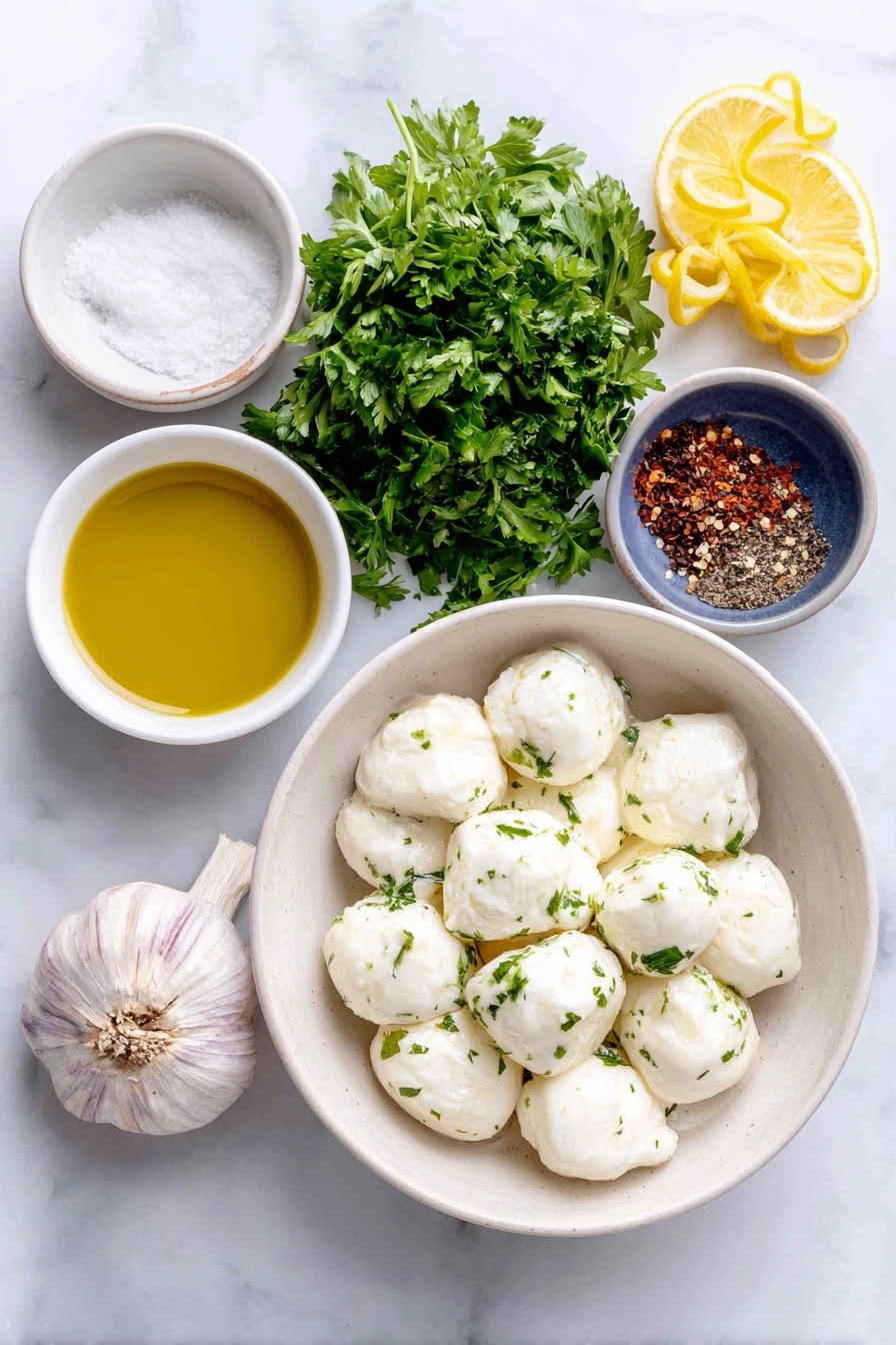 Flat lay of fresh ciliegine mozzarella balls, a small bunch of bright green chopped parsley and basil leaves, a few lemon wedges with vibrant yellow zest curls, a whole garlic bulb with one peeled clove grated, a small white bowl of golden extra-virgin olive oil, a tiny white bowl of coarse sea salt crystals, and a tiny white bowl of red pepper flakes, all arranged in perfect symmetry on simple white ceramic dishes, placed on a clean white marble surface, soft natural light, photo taken with an iPhone, professional food photography style, fresh ingredients, white ceramic bowls, no bottles, no duplicates, no utensils, no packaging --ar 2:3 --v 7 --p awthu7i m7354615311229779997 - Marinated Mozzarella Balls, easy appetizer with mozzarella, homemade cheese snack, herby mozzarella marination, quick cheese appetizer