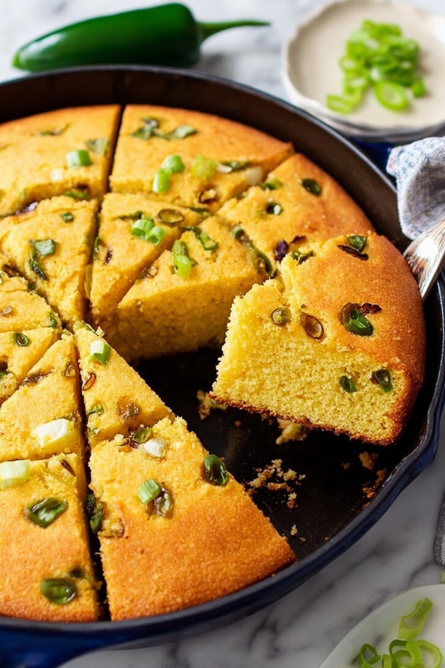 A round yellow cornbread baked in a dark blue cast iron pan, cut into nine square pieces, with green onion pieces visible on the top surface and scattered inside the cornbread. One piece is slightly pulled out but still touching the pan. The pan is set on a white marbled surface with two green chili peppers and a white plate with green onion slices nearby. Photo taken with an iphone --ar 2:3 --v 7 - Spicy Jalapeño Cornbread, jalapeño cornbread with cheese, spicy cornbread recipe, easy jalapeño cornbread, savory jalapeño side dish