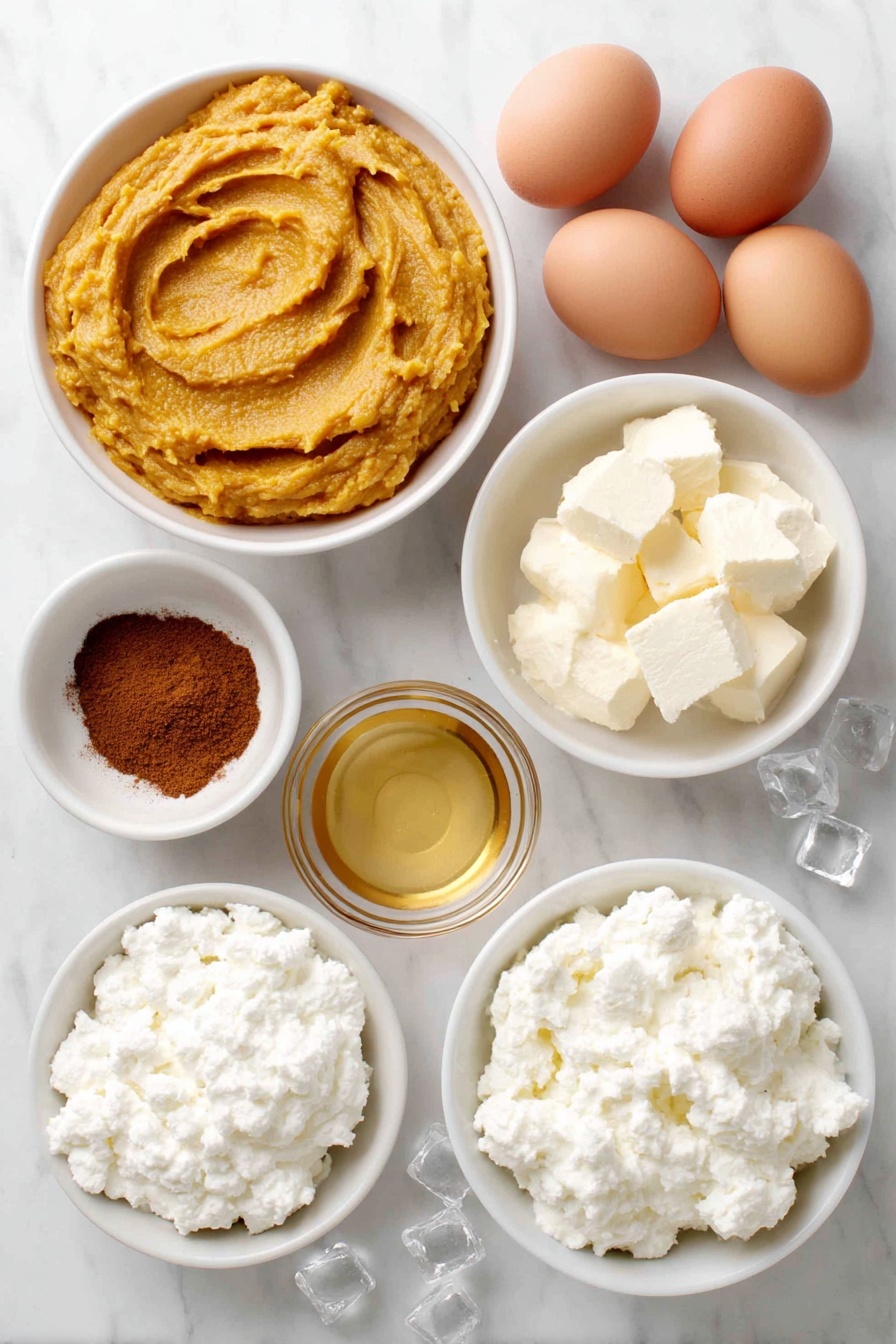 Flat lay of a small white bowl of bright orange pumpkin puree, a small white bowl of golden maple syrup, a small white bowl of creamy half-and-half, a small white bowl of warm brown pumpkin pie spice powder, two whole uncracked brown eggs, a small white bowl of fluffy white whipped cream dollops, a handful of clear ice cubes scattered neatly, two simple white ceramic martini glasses empty, placed on a clean white marble surface, soft natural light, photo taken with an iPhone, professional food photography style, fresh ingredients, white ceramic bowls, no bottles, no duplicates, no utensils, no packaging --ar 2:3 --v 7 --p awthu7i m7354615311229779997 - Pumpkin Pie Martini, fall cocktail recipes, festive dessert cocktails, easy pumpkin martini, pumpkin spices drinks