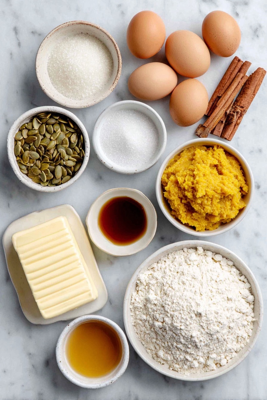 Flat lay of a stick of butter softly melting in a simple white ceramic bowl, three whole brown eggs with smooth shells arranged side by side, a small white bowl filled with granulated sugar crystals sparkling in natural light, a mound of fresh pumpkin puree with vibrant orange color on a white plate, a small white bowl holding warm amber-colored brown butter, two small white bowls with pale cream-colored heavy cream and golden amber bourbon side by side, a few dried orange-hued pumpkin pie spice leaves and sticks artistically scattered next to a small pile of light brown cinnamon sticks and yellowish ginger roots, a small white bowl containing fine white all-purpose flour, a simple white ceramic dish with roasted pepitas showcasing their glossy green shells, and a small white bowl of clear golden caramel glaze, all ingredients arranged symmetrically and balanced on a clean white marble surface, soft natural light, photo taken with an iPhone, professional food photography style, fresh ingredients, white ceramic bowls, no bottles, no duplicates, no utensils, no packaging --ar 2:3 --v 7 --p awthu7i m7354615311229779997 - Pumpkin Donuts with Bourbon Caramel Glaze, fall pumpkin donut recipe, boozy caramel glazed donuts, easy pumpkin donuts, cozy fall dessert recipes