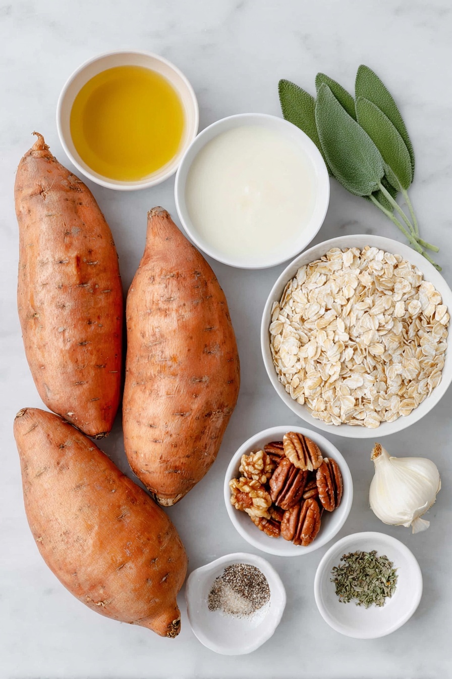 Flat lay of five large bright orange sweet potatoes, a small white bowl of golden extra-virgin olive oil, a small white bowl of creamy milk, a small white bowl of fresh green sage leaves, a small white bowl of whole rolled oats, a small white bowl of whole pecans, a small white bowl of whole walnuts, one peeled garlic clove, a small white bowl of amber maple syrup, a small white bowl of dried thyme leaves, a small white bowl of minced fresh rosemary, a small white bowl of coarse sea salt, a small white bowl of freshly ground black pepper, all arranged in perfect symmetry on a clean white marble surface, soft natural light, photo taken with an iPhone, professional food photography style, fresh ingredients, white ceramic bowls, no bottles, no duplicates, no utensils, no packaging --ar 2:3 --v 7 --p awthu7i m7354615311229779997 - Sweet Potato Casserole with Pecan Crumble, sweet potato casserole recipe, pecan crumble topping, Thanksgiving sweet potato dish, comforting holiday casserole