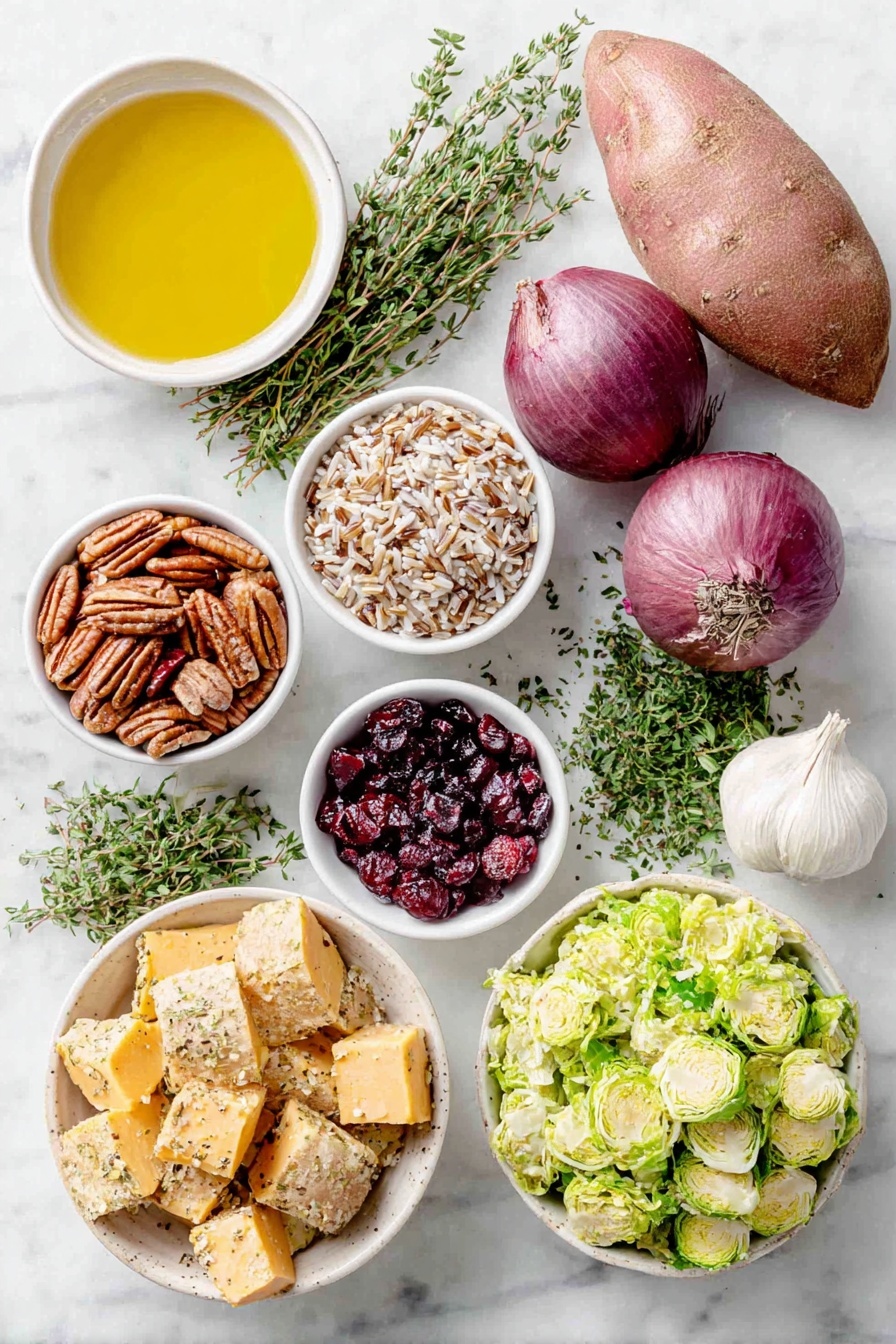 Flat lay of a small mound of dry brown wild rice blend, a few bright orange sweet potato cubes, two whole shallots with pale purple skins, a small white bowl of extra-virgin olive oil, a small white bowl of amber apple cider vinegar, a single fresh garlic clove, a small bunch of fresh thyme sprigs, a small white bowl of coarse sea salt, a small pile of shaved bright green Brussels sprouts, a small heap of dried deep red cranberries, a small pile of chopped pecans, a small bunch of vibrant fresh parsley leaves, a couple of whole brown eggs, freshly ground black pepper scattered lightly on the surface, all arranged symmetrically in simple white ceramic bowls and directly on the surface, placed on a clean white marble surface, soft natural light, photo taken with an iPhone, professional food photography style, fresh ingredients, white ceramic bowls, no bottles, no duplicates, no utensils, no packaging --ar 2:3 --v 7 --p awthu7i m7354615311229779997 - Wild Rice Pilaf with Sweet Potatoes and Cranberries, autumn rice side dish, healthy wild rice recipes, cozy fall side dishes, festive rice recipes