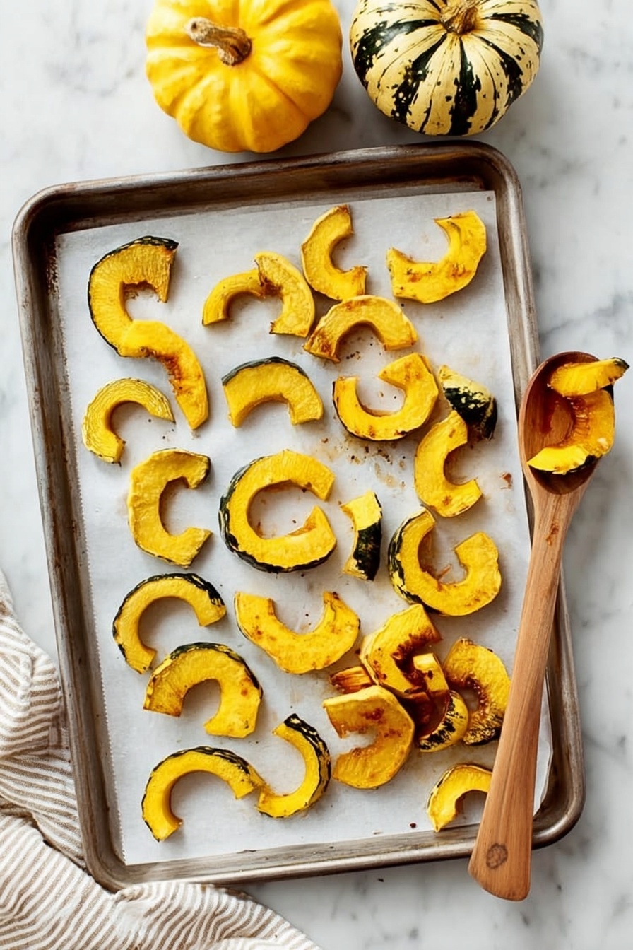 The image shows a baking tray covered with white parchment paper holding roasted squash pieces. There are two round whole squashes at the top of the tray, one with yellow skin and green stripes and the other similar but smaller. The tray is filled with curved squash slices, with bright yellow flesh and some brown roasted edges, scattered evenly across it. A wooden spoon rests on the tray with two pieces of roasted squash on it. The tray sits on a white marbled surface with parts of a white and beige striped cloth visible on the side. photo taken with an iphone --ar 2:3 --v 7 - Roasted Delicata Squash and Apple Salad, fall salad recipes, roasted squash salad, healthy autumn salads, easy seasonal salad
