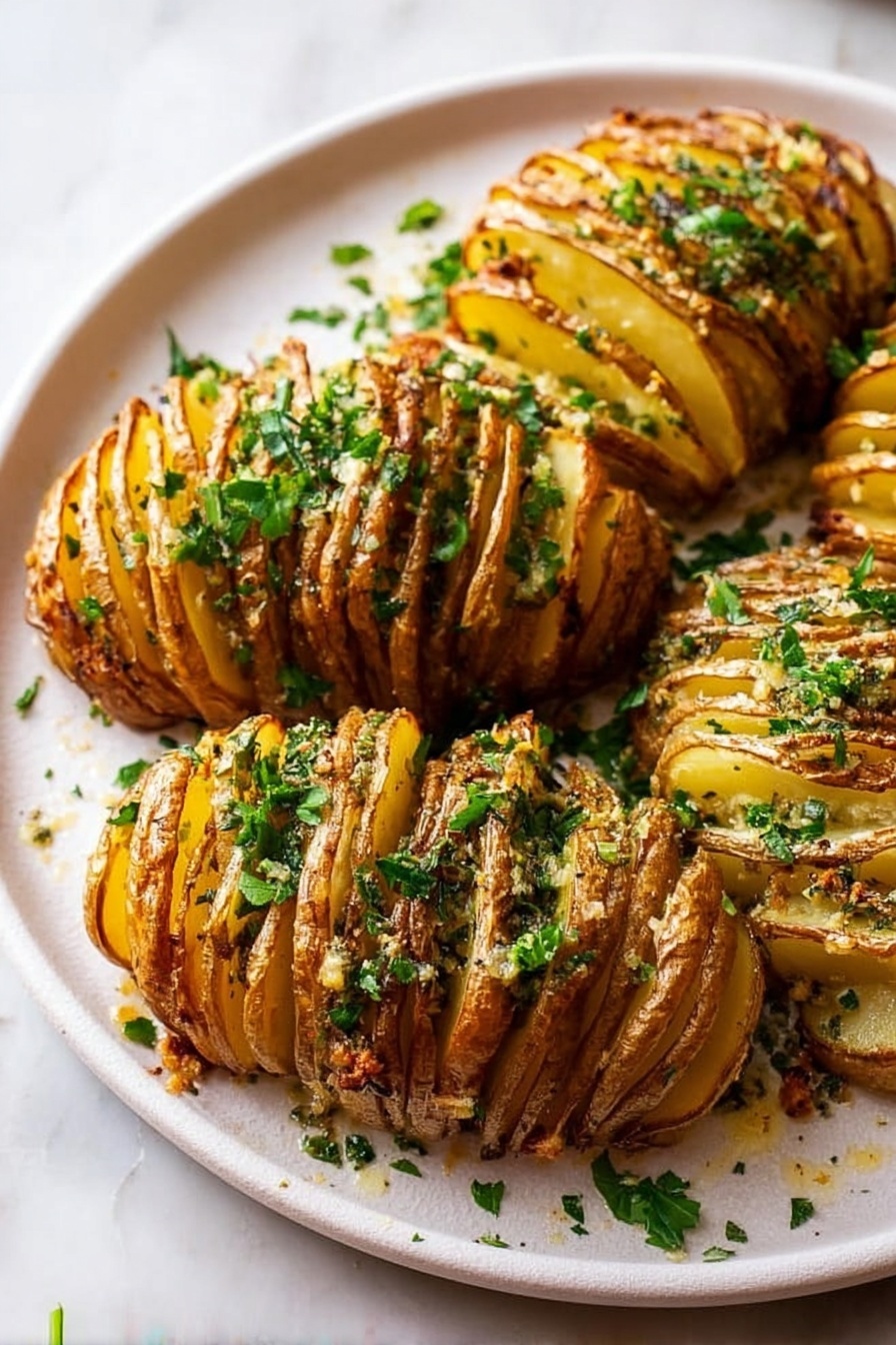 The image shows several golden brown sliced potatoes arranged on a white plate, each potato sliced almost all the way through in thin layers that fan out, revealing seasoned green herbs and a drizzle of melted butter or oil in between the slices. The potatoes have a crispy texture on the edges, sprinkled with fresh chopped green parsley on top. The white plate sits on a white marbled surface, adding a clean and bright background to the warm, earthy colors of the potatoes. The photo taken with an iphone --ar 2:3 --v 7 - Crispy Hasselback Potatoes with Garlic Butter, Hasselback Potatoes, Garlic Butter Potatoes, Easy Side Dish Recipes, Baked Potatoes with Herbs