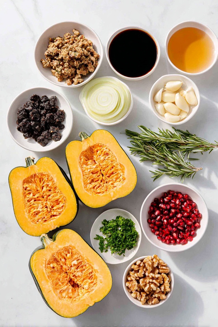 Flat lay of two halved acorn squashes with vibrant orange flesh and green ridged skins, a small pile of crumbled tempeh, a few whole cremini mushrooms with smooth brown caps, half a yellow onion with bright white and pale yellow layers, three uncracked garlic cloves with papery white skins, a small handful of coarsely chopped walnuts, a small white ceramic bowl of dark tamari sauce, a small white ceramic bowl of amber apple cider vinegar, a few sprigs of fresh green rosemary, a small pile of chopped sage leaves, a small white ceramic bowl filled with dried cranberries, fresh parsley sprigs with bright green leaves, and several glossy red pomegranate arils scattered nearby, all arranged in perfect symmetry on simple white ceramic dishes and bowls, placed on a clean white marble surface, soft natural light, photo taken with an iPhone, professional food photography style, fresh ingredients, white ceramic bowls, no bottles, no duplicates, no utensils, no packaging --ar 2:3 --v 7 --p awthu7i m7354615311229779997 - Stuffed Acorn Squash with Tempeh and Cranberries, healthy stuffed acorn squash, vegetarian fall recipes, vegan acorn squash dishes, cozy autumn dinner ideas