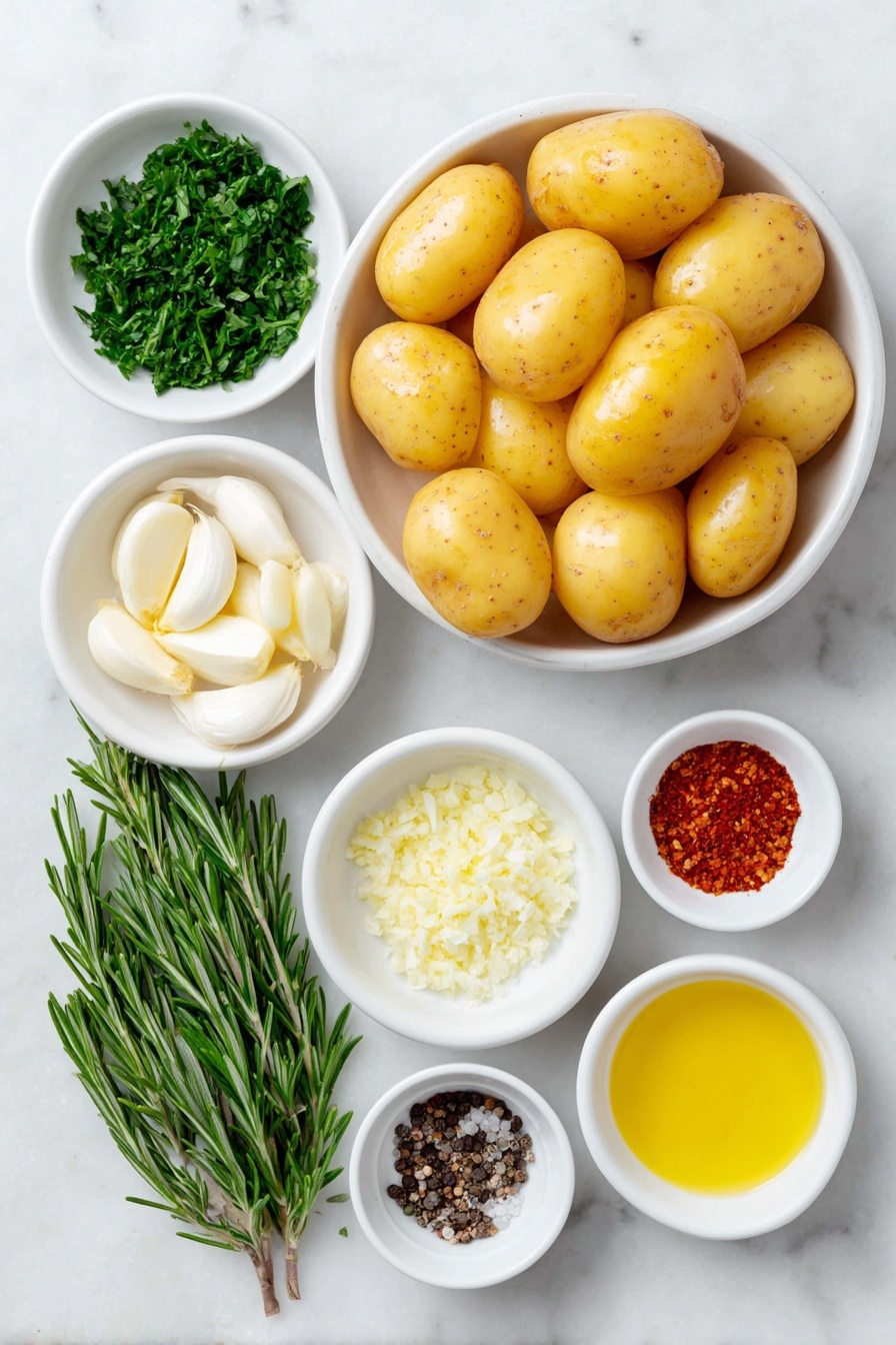 Flat lay of small halved yellow potatoes with smooth skin, a small white bowl of golden extra-virgin olive oil, a small white bowl containing fresh minced garlic cloves, a few bright green sprigs of fresh parsley, a small white bowl of chopped fresh rosemary, a small white bowl with finely grated lemon zest, a small white bowl of fresh lemon juice, a small white bowl with smooth Dijon mustard, a small white bowl of red pepper flakes, a small white bowl of coarse sea salt, a small white bowl with freshly ground black peppercorns placed on a clean white marble surface, soft natural light, photo taken with an iPhone, professional food photography style, fresh ingredients, white ceramic bowls, no bottles, no duplicates, no utensils, no packaging --ar 2:3 --v 7 --p awthu7i m7354615311229779997 - Oven Roasted Potatoes with Lemon Dressing, crispy roasted potatoes, lemon dressing, easy potato side dish, flavorful roasted potatoes