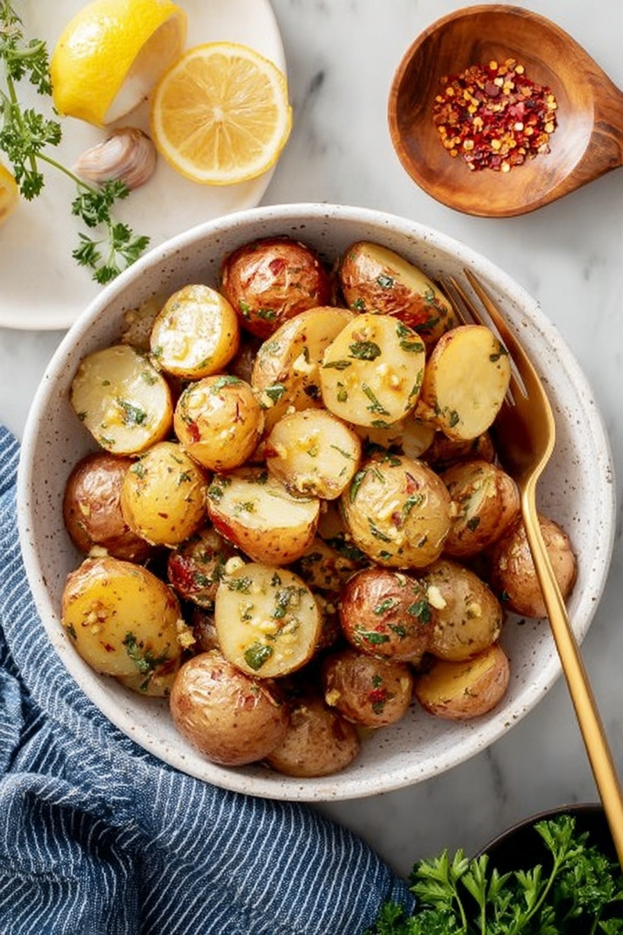 A white speckled bowl filled with two layers of small roasted potatoes, some whole and some sliced in half, showing their golden brown and slightly crispy skin with a soft-looking inner texture. The potatoes are sprinkled evenly with small green herb bits and minced garlic or seasoning. A golden spoon and fork rest inside the bowl on top of the potatoes. The bowl sits on a white marbled surface next to a small wooden dish with red chili flakes, a sprig of green parsley, two lemon halves, and a blue and white striped cloth nearby. Photo taken with an iphone --ar 2:3 --v 7 - Oven Roasted Potatoes with Lemon Dressing, crispy roasted potatoes, lemon dressing, easy potato side dish, flavorful roasted potatoes
