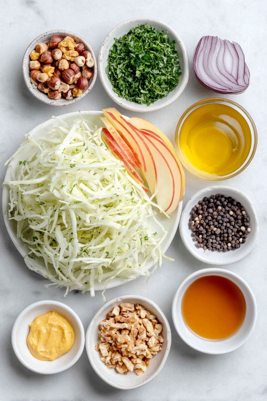 Flat lay of a large fresh green kohlrabi peeled and cut into matchsticks, a crisp red apple sliced into matchsticks, thinly sliced vibrant red onion, a small pile of toasted chopped hazelnuts, finely chopped bright green parsley, whole grain mustard dolloped on a white ceramic plate, a few whole black peppercorns scattered beside a small white ceramic bowl of golden extra-virgin olive oil, a small white ceramic bowl of amber honey, another small white bowl filled with pale apple cider vinegar, and a small white ceramic bowl of fine sea salt, all arranged in perfect symmetry on a clean white marble surface, soft natural light, photo taken with an iPhone, professional food photography style, fresh ingredients, white ceramic bowls, no bottles, no duplicates, no utensils, no packaging --ar 2:3 --v 7 --p awthu7i m7354615311229779997 - Kohlrabi Slaw with Apples and Hazelnuts, healthy kohlrabi salad, crunchy apple slaw, toasted hazelnut salad, easy vegetable slaw