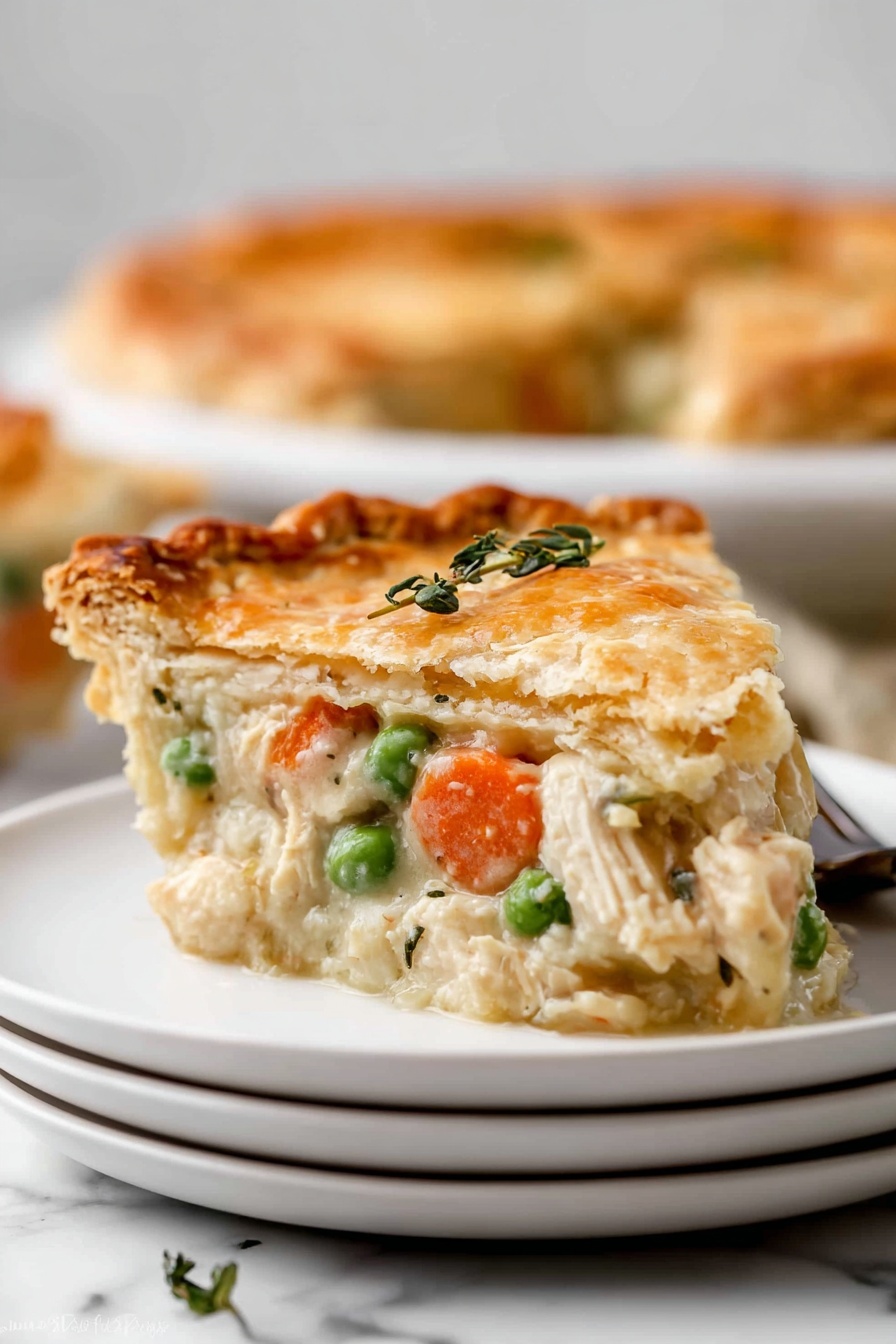 A golden brown pie with a flaky, slightly cracked crust showing a creamy white filling inside, filled with chunks of light-colored chicken, bright orange carrots, and green peas, partially scooped out revealing the thick, smooth texture of the inside layers; topped with small sprigs of fresh green herbs, the pie sits in a clear glass dish on a white marbled surface with a black cooling rack partly visible underneath, photo taken with an iphone --ar 2:3 --v 7 - Homestyle Chicken Pot Pie, chicken pot pie recipe, homemade chicken pot pie, comforting chicken pot pie, flaky pie crust chicken pie