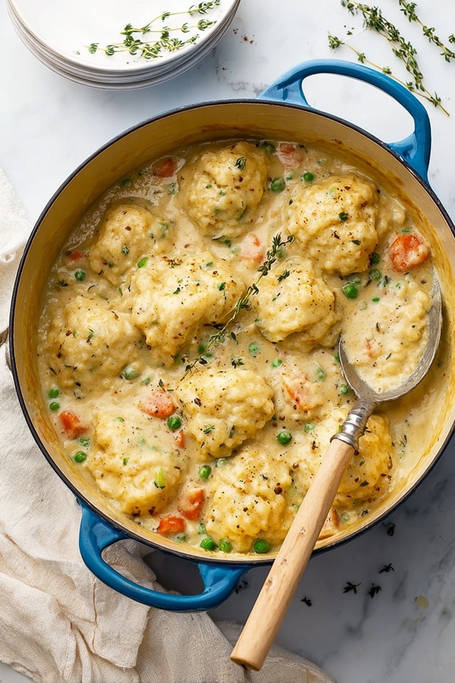 A large blue round pot filled with a creamy stew showing about 15 soft yellow biscuit dumplings sitting on top in a thick light brown sauce with small pieces of orange carrots, green peas, and bits of herbs like thyme sprinkled throughout. A silver spoon with a wooden handle rests inside the pot among the dumplings. The pot sits on cream fabric placed on a white marbled surface, with white stacked plates in the top left corner and small sprigs of fresh thyme nearby photo taken with an iphone --ar 2:3 --v 7 - Hearty Chicken and Dumplings Soup, chicken and dumplings, comfort food soup, easy chicken soup recipe, fluffy dumplings recipe