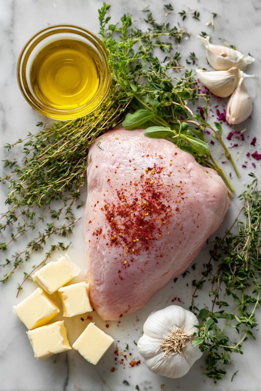 Flat lay of a large raw boneless turkey breast with a smooth pale pink surface, scattered bright red smoked paprika powder, fresh green Italian seasoning herbs including thyme, rosemary, and oregano sprigs, small delicate light green tarragon leaves, two whole unpeeled garlic cloves with white papery skin, a few cubes of creamy pale yellow unsalted butter, and a small glass bowl of golden olive oil, all naturally arranged with some herbs gently overlapping the turkey, placed on white marbled surface, photo taken with an iphone --ar 2:3 --v 7 - Instant Pot Turkey Breast with Creamy Gravy, juicy turkey breast recipes, quick turkey dinner ideas, pressure cooker turkey recipes, easy holiday turkey dishes
