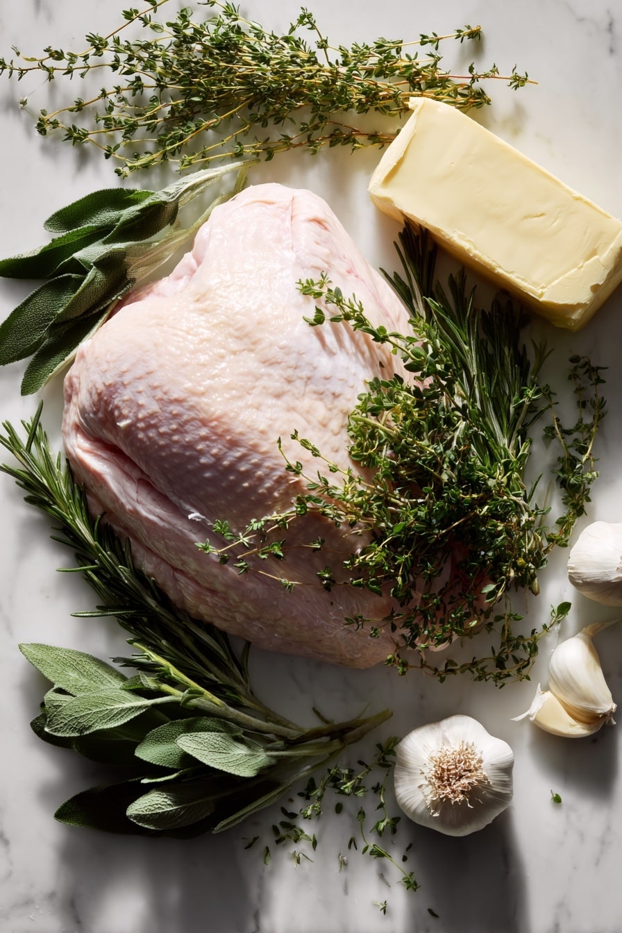 Flat lay of a large raw turkey breast with pale pink flesh and creamy skin, surrounded by fresh sprigs of deep green rosemary, sage, thyme, and parsley leaves, scattered naturally around the meat; several plump, peeled garlic cloves with a smooth white surface lie nearby, alongside a thick slab of soft unsalted butter with a pale yellow hue, all arranged with gentle shadows and highlights that emphasize their fresh, natural textures, placed on white marbled surface, photo taken with an iphone --ar 2:3 --v 7 - Garlic Herb Butter Roasted Turkey Breast, turkey breast dinner ideas, juicy roasted turkey recipe, holiday turkey main dish, easy turkey roast with herbs