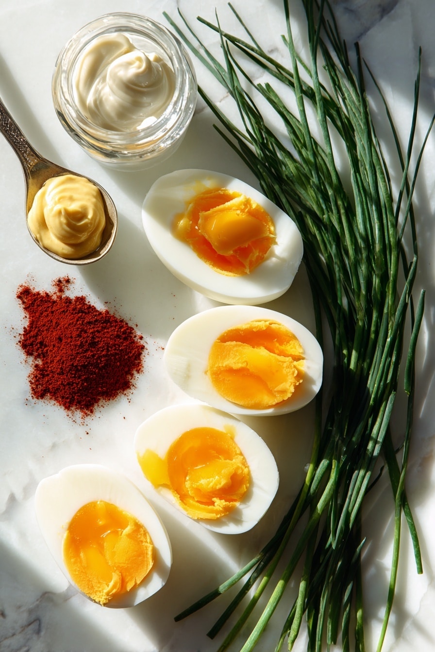Flat lay of six large hard boiled eggs halved with smooth, creamy bright yellow-orange yolks, small bunches of fresh vibrant green chives cut into short pieces, a small heap of deep red smoked paprika powder with a fine texture, a dollop of glossy white mayonnaise, a small spoon of rich golden yellow mustard, and a clear glass vial of white vinegar, all beautifully arranged with natural light casting soft shadows, placed on white marbled surface, photo taken with an iphone --ar 2:3 --v 7 - Pumpkin Deviled Eggs, festive deviled eggs, fall appetizer ideas, Halloween party snacks, easy pumpkin deviled eggs