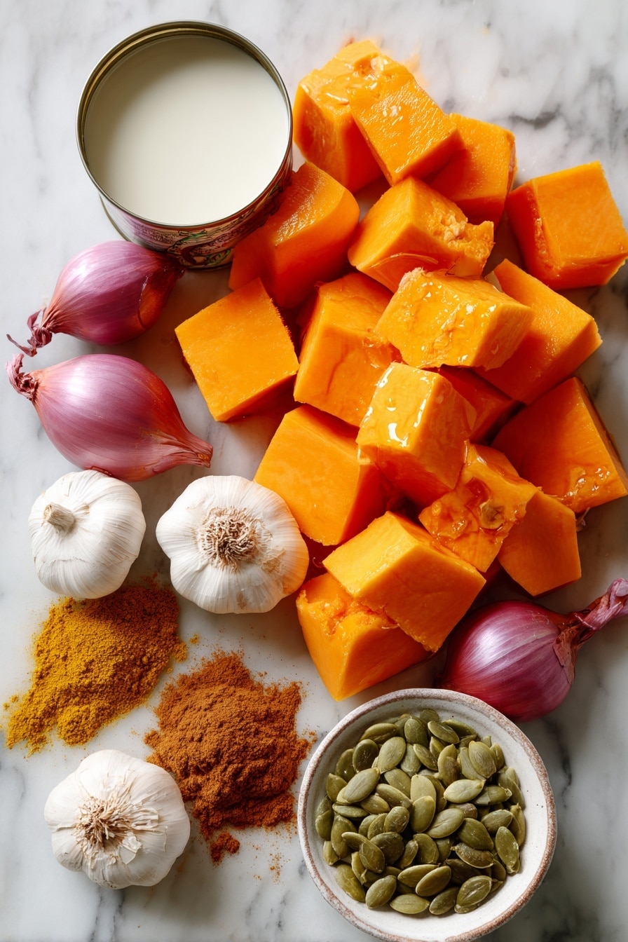 Flat lay of bright orange butternut squash chunks with smooth skin and firm texture, small glossy shallots with purple skins and delicate layers, fresh garlic cloves with papery white skins, a small heap of golden curry powder with a fine texture, warm brown cinnamon powder in a soft pile, a creamy white can of coconut milk with a shiny surface, amber-colored maple syrup glistening in a small puddle, and a few vibrant green fresh pumpkin seeds with a matte finish, all arranged naturally with some overlapping and spaced thoughtfully to show color contrast, placed on white marbled surface, photo taken with an iphone --ar 2:3 --v 7 - Curried Butternut Squash Soup, butternut squash soup, cozy vegetable soup, healthy curried soup, easy fall salads