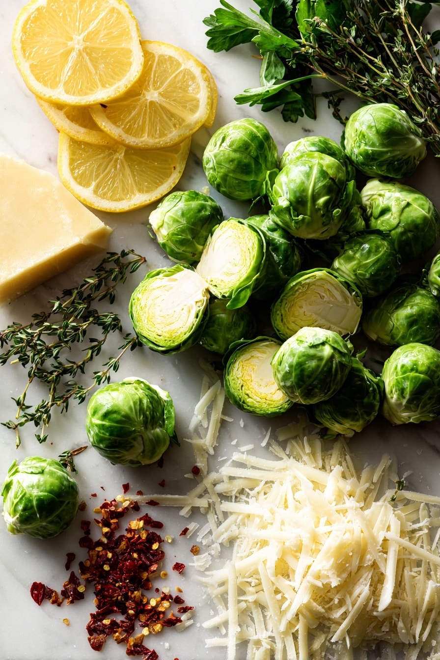 Flat lay of fresh green Brussels sprouts halved to show their tight leafy layers, bright yellow lemon slices with textured skin and vibrant zest curls, small piles of finely grated white Parmesan cheese, scattered fresh thyme sprigs with tiny green leaves, fresh flat-leaf parsley bunch with crisp bright leaves, and a few red chili flakes adding a pop of deep red color, all naturally arranged with soft shadows to highlight their textures, placed on white marbled surface, photo taken with an iphone --ar 2:3 --v 7 - Lemon Parmesan Roasted Brussels Sprouts, Brussels Sprouts Side Dish, Easy Vegetable Recipes, Healthy Spring Sides, Crispy Roasted Brussels Sprouts