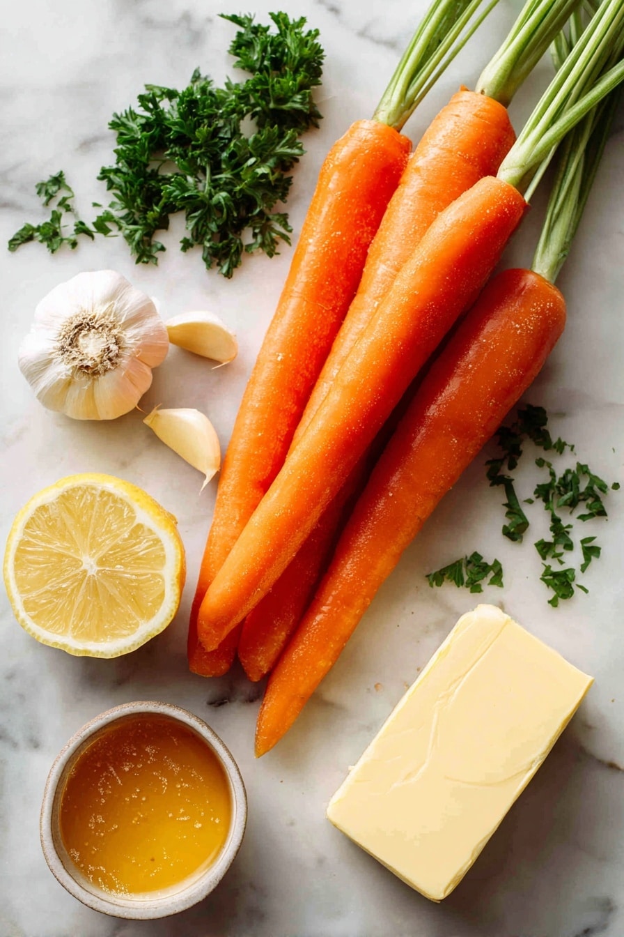 Flat lay of fresh whole medium carrots with bright orange color and smooth texture, three peeled garlic cloves showing their creamy white interior, a small half lemon with vibrant yellow skin and juicy pulp, a handful of chopped green parsley leaves scattered delicately, a small pile of golden honey glistening in a natural drip, and a slab of pale yellow unsalted butter with a soft, creamy surface, all beautifully arranged with natural spacing and gentle shadows, placed on white marbled surface, photo taken with an iphone --ar 2:3 --v 7 - Honey Glazed Roasted Carrots, roasted carrot recipes, honey roasted vegetables, easy carrot side dish, healthy vegetable recipes