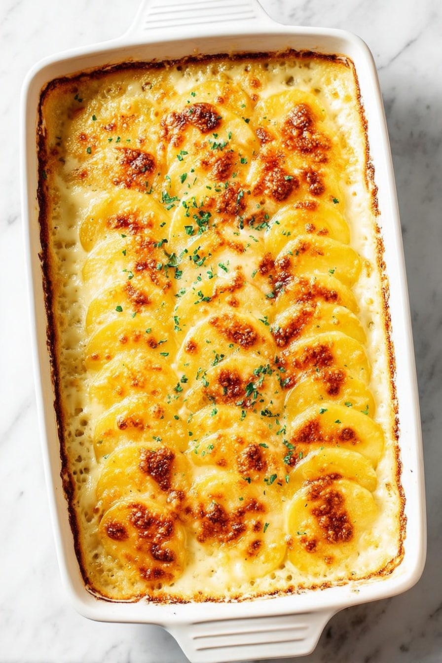 The image shows a close-up of a cheesy potato gratin in a cream-colored rectangular baking dish with a red handle. The dish has thin golden-yellow potato layers, some with browned, bubbly, and slightly crispy edges. Fresh green herb bits are sprinkled on top, adding a pop of color. A metal spatula is lifting a serving from the dish, revealing soft, creamy layers of tender potatoes beneath the browned cheese crust on a white marbled surface. Photo taken with an iphone --ar 2:3 --v 7 - Easy Cheesy Scalloped Potatoes, cheesy scalloped potatoes, scalloped potatoes recipe, creamy cheesy potatoes, simple scalloped potato dish