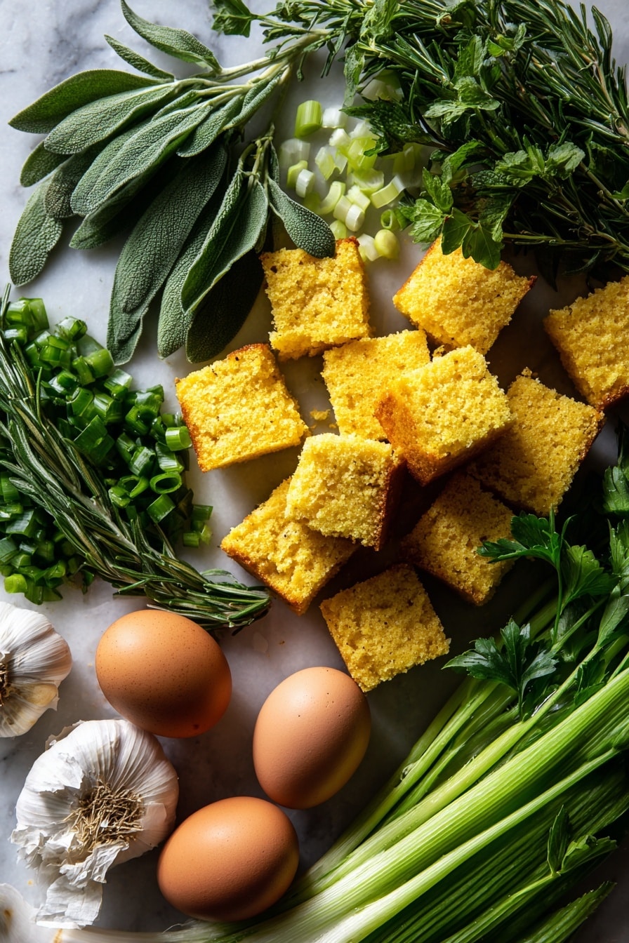 Flat lay of golden cubed cornbread pieces, vibrant green fresh sage leaves, rosemary sprigs with needle-like leaves, bright yellow chopped onion chunks, crisp pale green celery stalks, bunches of leafy parsley in deep green, freshly grated white garlic cloves, and large brown eggs with smooth shells, all naturally arranged with soft shadows and varied textures to highlight their freshness, placed on white marbled surface, photo taken with an iphone --ar 2:3 --v 7 - Cornbread Stuffing, holiday side dishes, savory stuffing recipes, Thanksgiving stuffing ideas, cornbread dressing