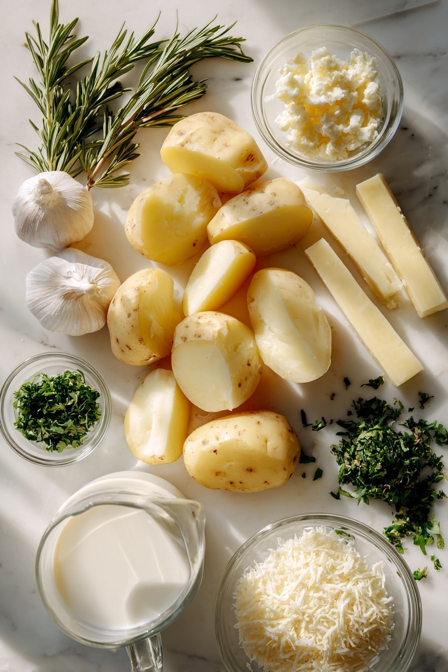 Flat lay of peeled Yukon Gold potatoes cut into large pieces with smooth, pale yellow flesh, whole sticks of golden salted butter, fresh garlic cloves and a small heap of finely minced garlic showing creamy white cloves, a small pile of chopped fresh green rosemary and parsley herbs, a mound of grated pale ivory Parmesan cheese, a glass container of rich heavy cream with soft white color, and a small jug of whole milk with a creamy texture, all arranged naturally with gentle shadows cast softly, placed on white marbled surface, photo taken with an iphone --ar 2:3 --v 7 - Creamy Garlic Mashed Potatoes, garlic mashed potatoes, creamy mashed potatoes, garlic side dish, comfort food mashed potatoes