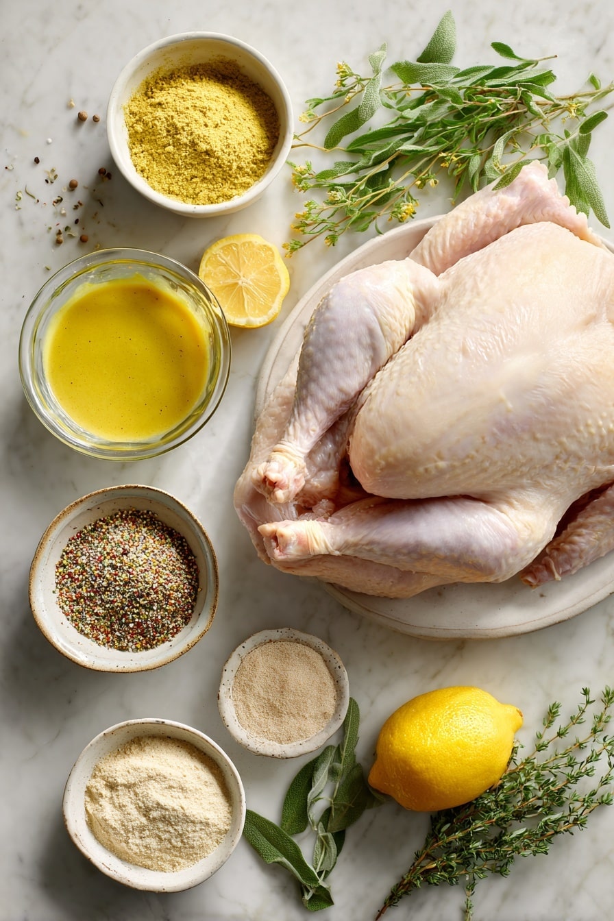Flat lay of a fresh whole raw turkey with smooth, pale skin, surrounded by small bowls of lemon pepper seasoning with a mix of yellow and black specks, poultry seasoning in a light brown powder, garlic powder and onion powder both in fine pale yellow textures, a small glass of bright yellow Dijon mustard, a wedge of vibrant yellow lemon, and fresh sprigs of green herbs scattered naturally, all placed on white marbled surface, photo taken with an iphone --ar 2:3 --v 7 - Deep Fried Turkey, crispy Thanksgiving turkey, how to fry turkey, juicy fried turkey, best turkey frying method