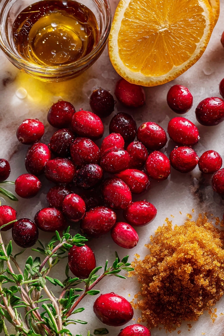 Flat lay of bright red fresh cranberries with tiny water droplets, a halved vibrant orange showing its juicy, textured flesh alongside a small pile of finely grated orange zest in vivid orange tones, a rustic mound of rich dark brown sugar crystals with a slightly sticky texture, and a small glass dish of golden vanilla extract with smooth, glossy surface, all naturally arranged with sprigs of fresh green herbs gently scattered for contrast, placed on white marbled surface, photo taken with an iphone --ar 2:3 --v 7 - Easy Cranberry Sauce, quick cranberry sauce, homemade cranberry sauce, simple holiday side, how to make cranberry sauce