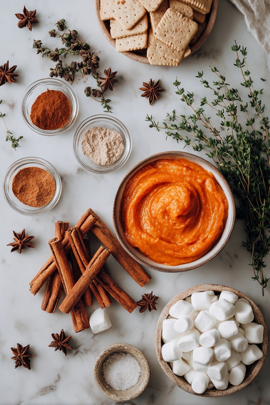 Flat lay of smooth, bright orange pumpkin purée next to whole cinnamon sticks with their warm brown, woody texture, scattered star anise pods adding dark brown, star-shaped contrast, small bowls of ground nutmeg and cloves showing fine tan and deep reddish-brown powders, a handful of soft white marshmallows with their pillowy texture, a cluster of mini golden graham crackers with a crumbly surface, and fresh cream swirled gently to show its rich white color, all beautifully arranged with some sprigs of fresh green thyme for a pop of color, placed on white marbled surface, photo taken with an iphone --ar 2:3 --v 7 - No-Bake Pumpkin Pie, pumpkin pie without baking, easy pumpkin pie recipe, fall dessert recipes, quick pumpkin pie