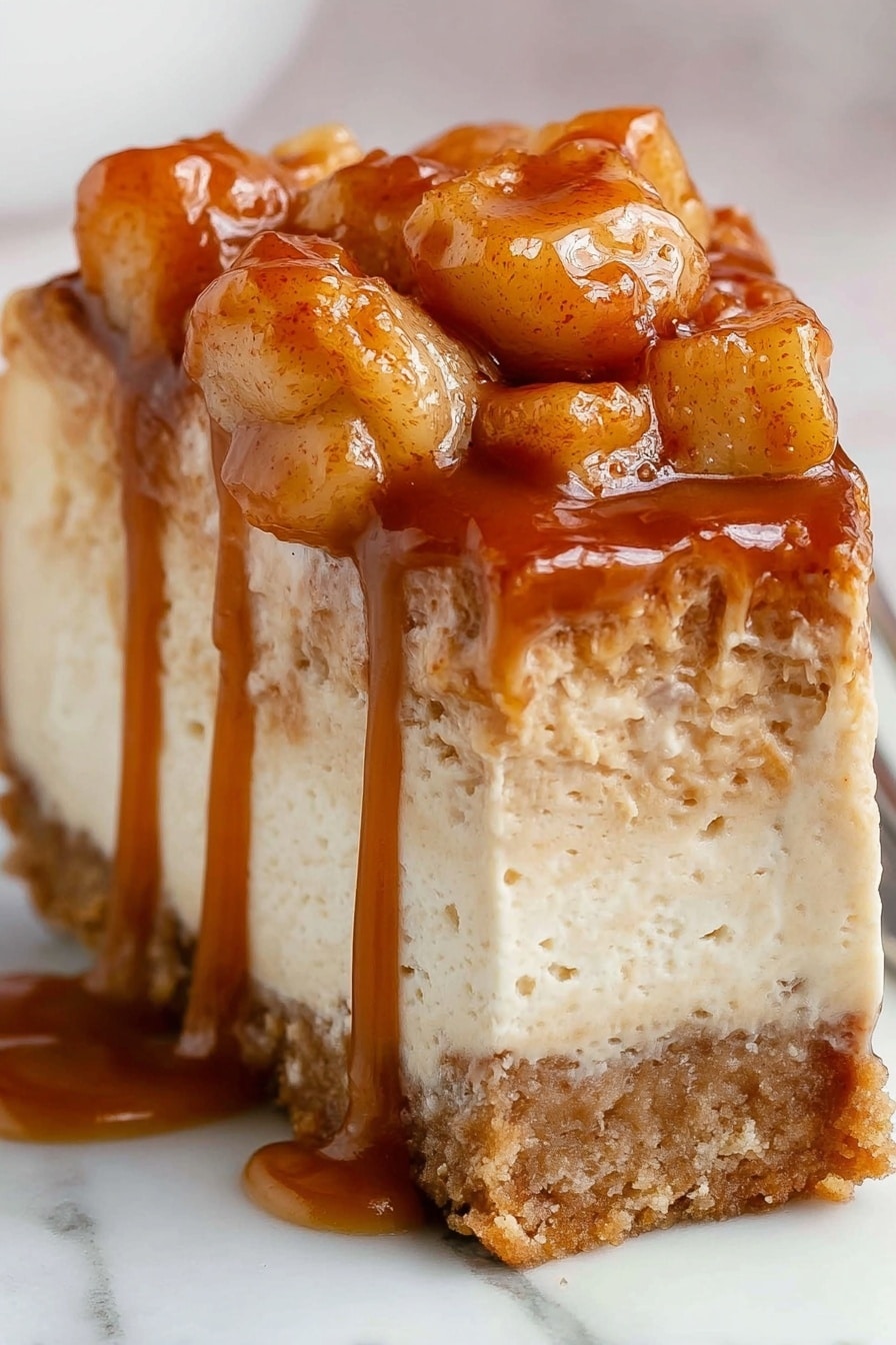 A close-up slice of a dessert with three layers: the bottom layer is a dense, crumbly crust in light brown, the middle layer is a thick, creamy, pale beige filling with a smooth texture, and the top layer has golden brown soft chunks that look like cooked fruit, covered in a glossy caramel sauce dripping down the sides. The dessert is on a white marbled surface. photo taken with an iphone --ar 2:3 --v 7 - Caramel Apple Cheesecake, fall-inspired cheesecake with caramel and apples, homemade caramel cheesecake, autumn dessert recipes, apple cheesecake with caramel sauce