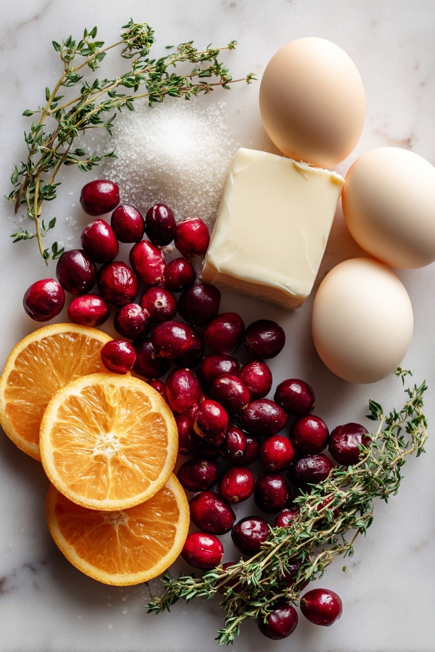 Flat lay of fresh whole cranberries with their deep red color and glossy texture, bright orange halves and thin orange zest strips showing vibrant citrus peel, smooth cream cheese block in soft ivory tone, plump whole eggs with light beige shells, sprigs of fresh green thyme with delicate leaves, and a small mound of granulated sugar sparkling subtly, all beautifully arranged with natural spacing and contrast, placed on white marbled surface, photo taken with an iphone --ar 2:3 --v 7 - Cranberry Orange Cake with Cream Cheese Buttercream, holiday cranberry cake, orange dessert recipe, moist cranberry citrus cake, festive cake with cream cheese frosting