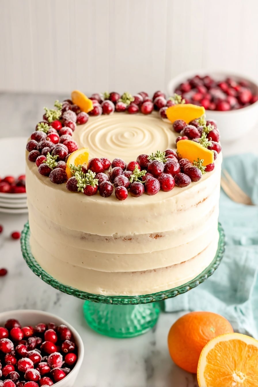 A tall, four-layer cake is covered smoothly with light cream-colored frosting that has subtle horizontal lines on the sides and a spiral swirl on top center. Around the top edge, there is a ring of fresh bright red and dark red cranberries mixed with small green herb sprigs and a few orange slices arranged evenly. The cake is placed on a white marbled surface on a transparent green glass cake stand. Nearby, a white bowl full of fresh red cranberries and a halved bright orange with a light blue cloth beneath it are visible. Photo taken with an iphone --ar 2:3 --v 7 - Cranberry Orange Cake with Cream Cheese Buttercream, holiday cranberry cake, orange dessert recipe, moist cranberry citrus cake, festive cake with cream cheese frosting