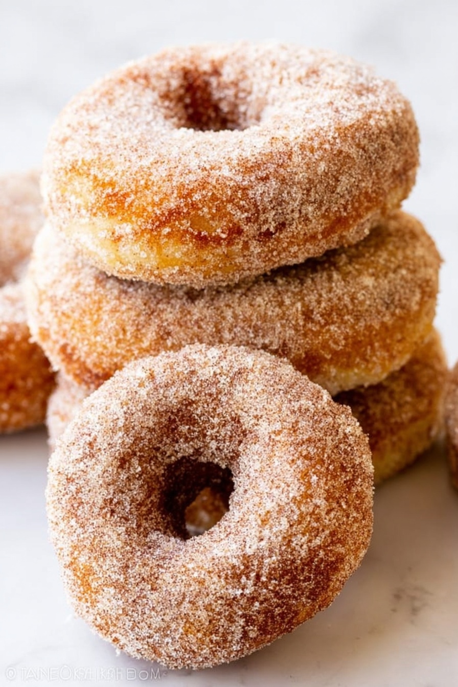 The image shows several round doughnuts with a light brown, crispy outside covered in a layer of sugar. One doughnut is broken in half, showing a soft, light yellow inside with a slightly crumbly texture. The doughnuts are placed directly on a white marbled surface without any plate or bowl. The sugar coating looks grainy and gives a sparkling effect under the light. photo taken with an iphone --ar 2:3 --v 7 - Baked Cinnamon Sugar Donuts, easy baked donuts, homemade cinnamon donuts, tender baked donuts, cinnamon sugar dessert